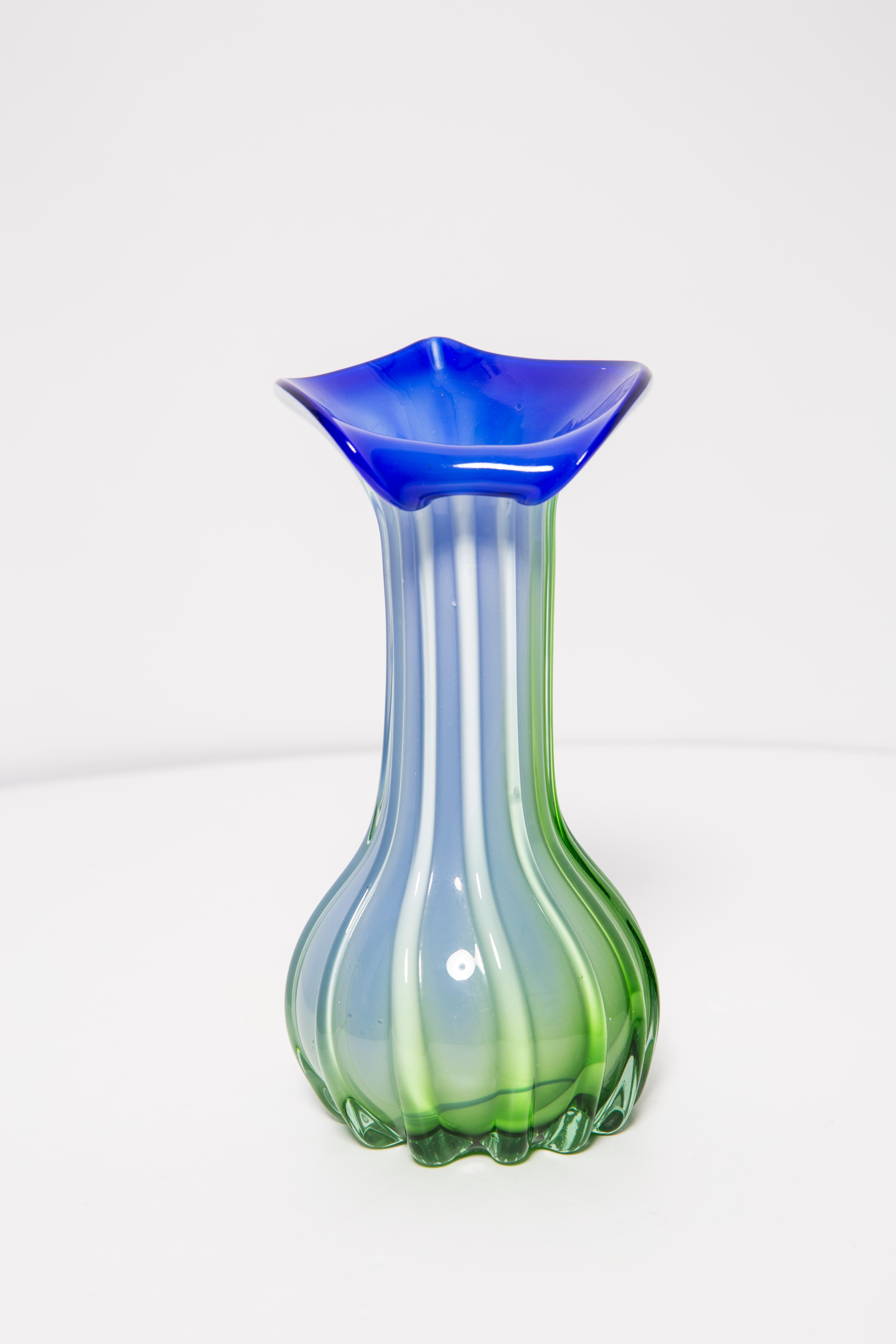 Glass Midcentury Vintage Green and Blue Murano Vase, Italy, 1960s For Sale