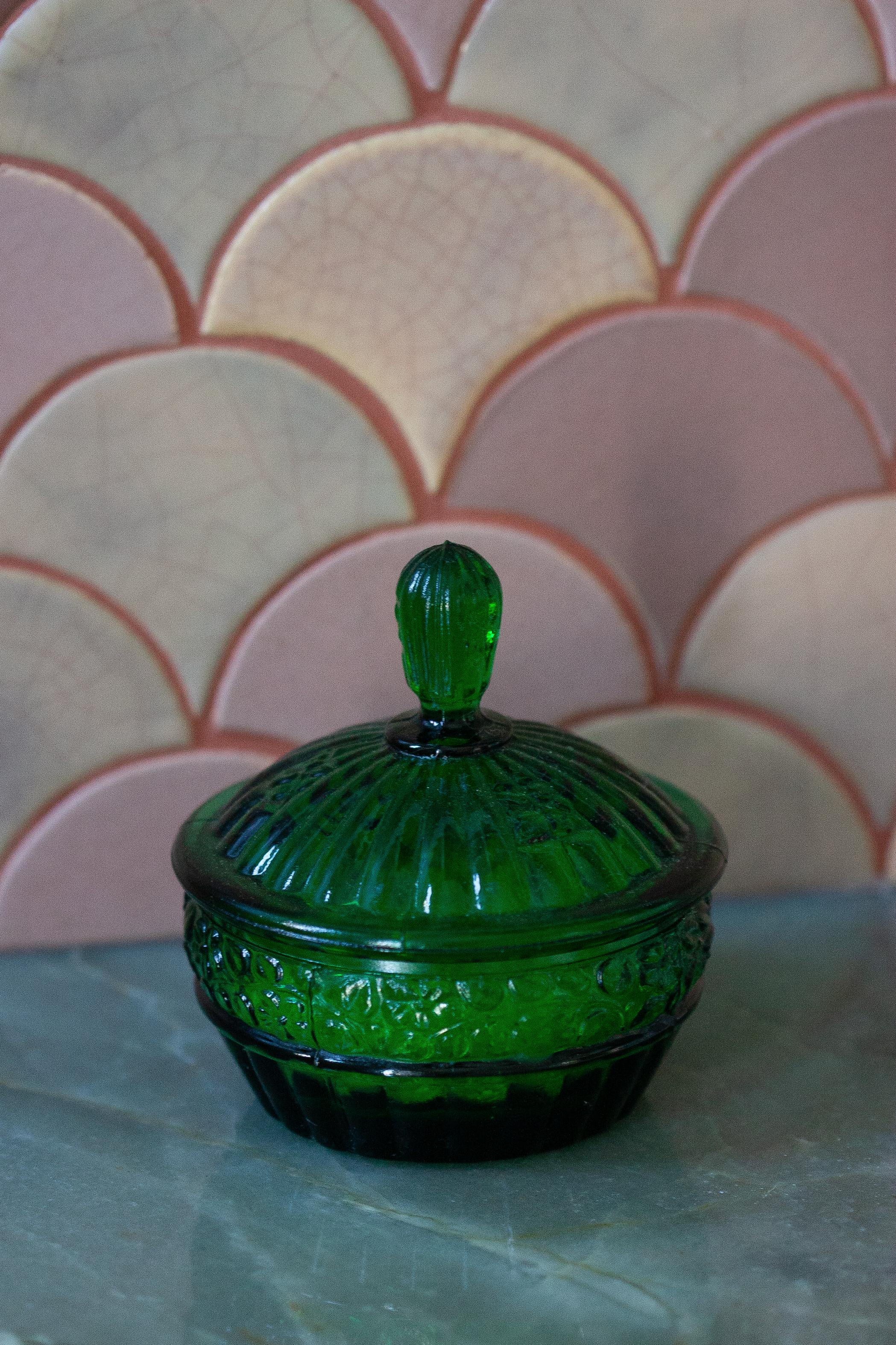 Italian Mid Century Vintage Green Crystal Glass Sugar Bowl, Italy, 1960s