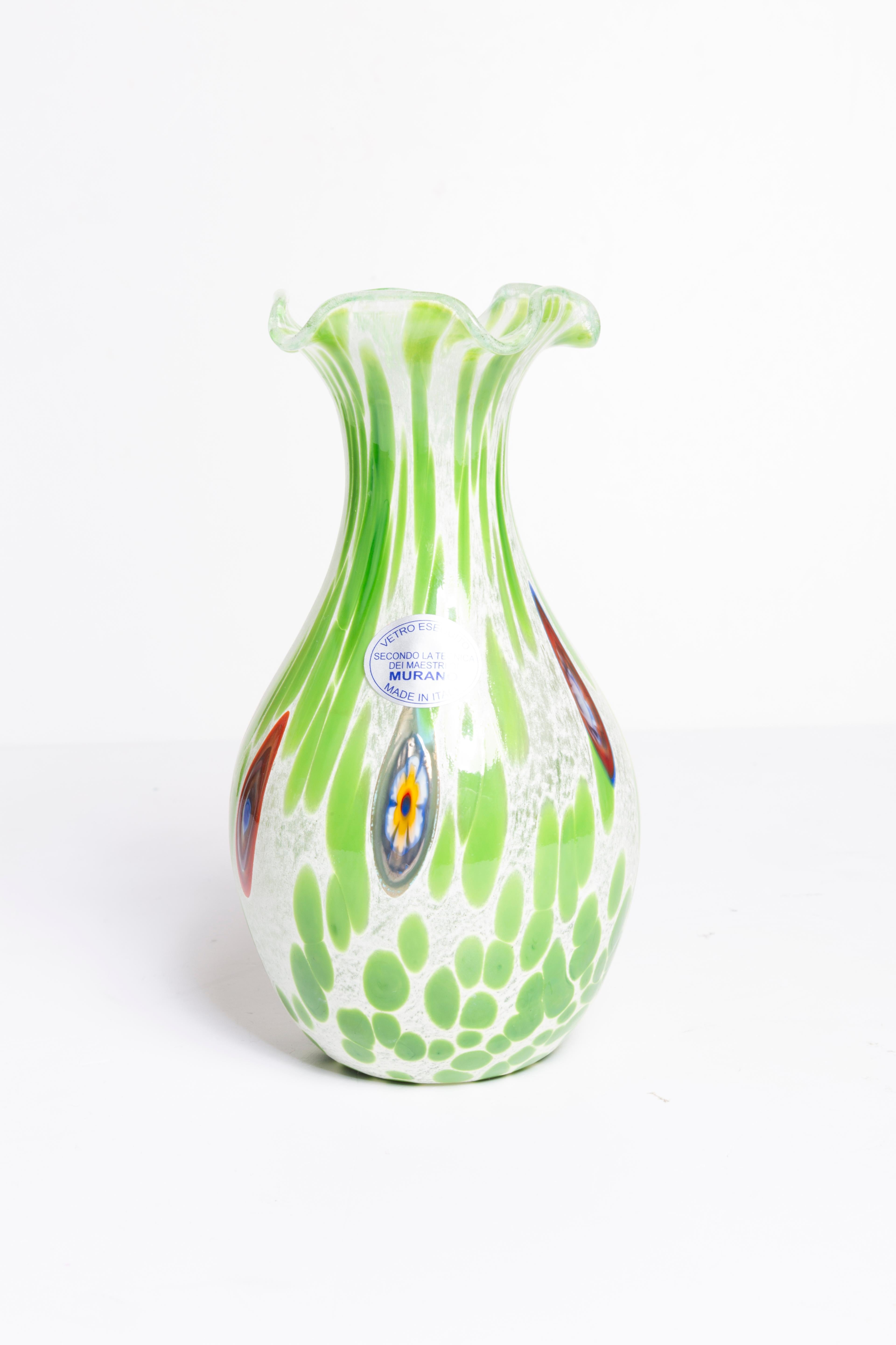 Italian Mid Century Vintage Green Dots Small Murano Vase, Italy, 1960s For Sale