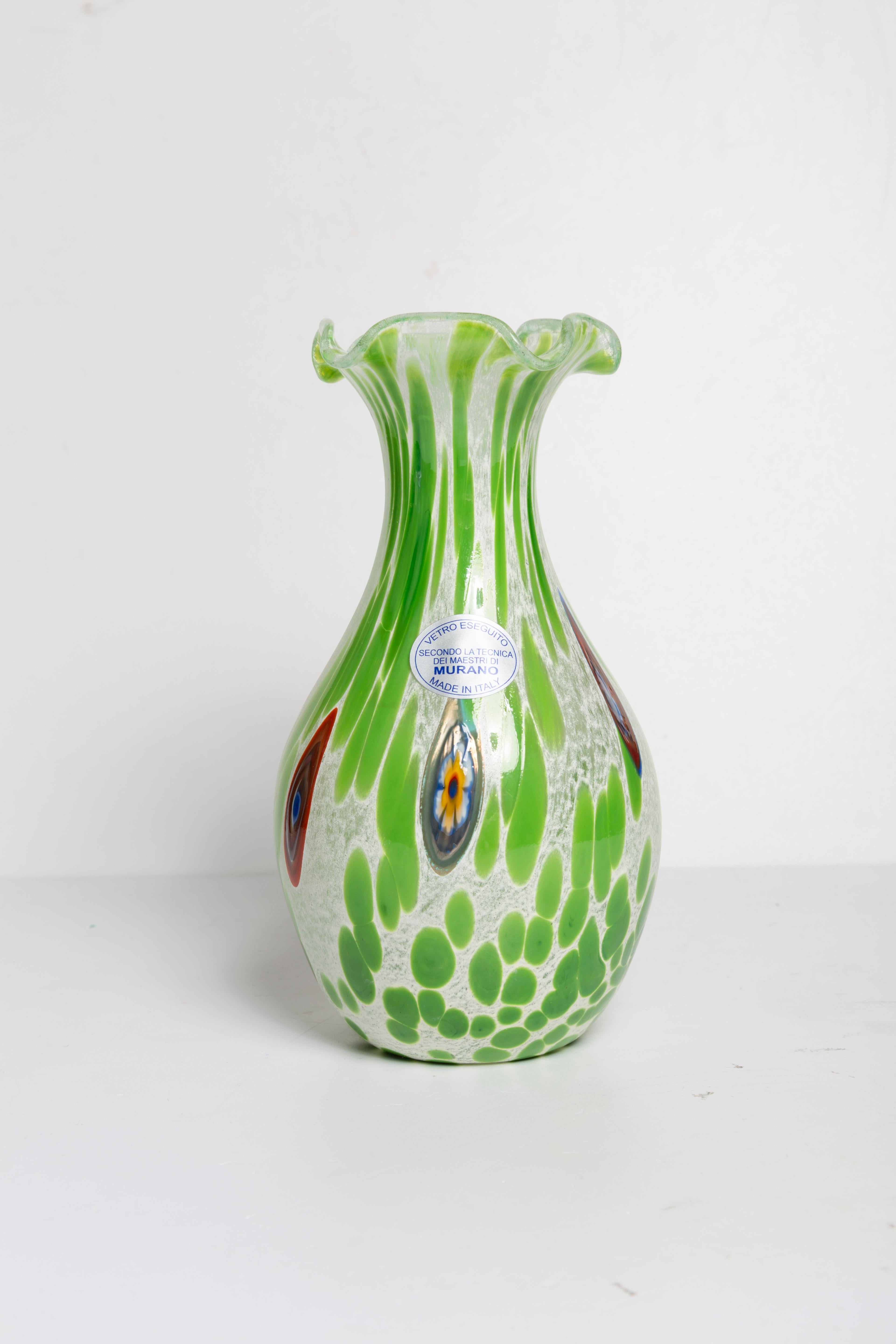 Glass Mid Century Vintage Green Dots Small Murano Vase, Italy, 1960s For Sale