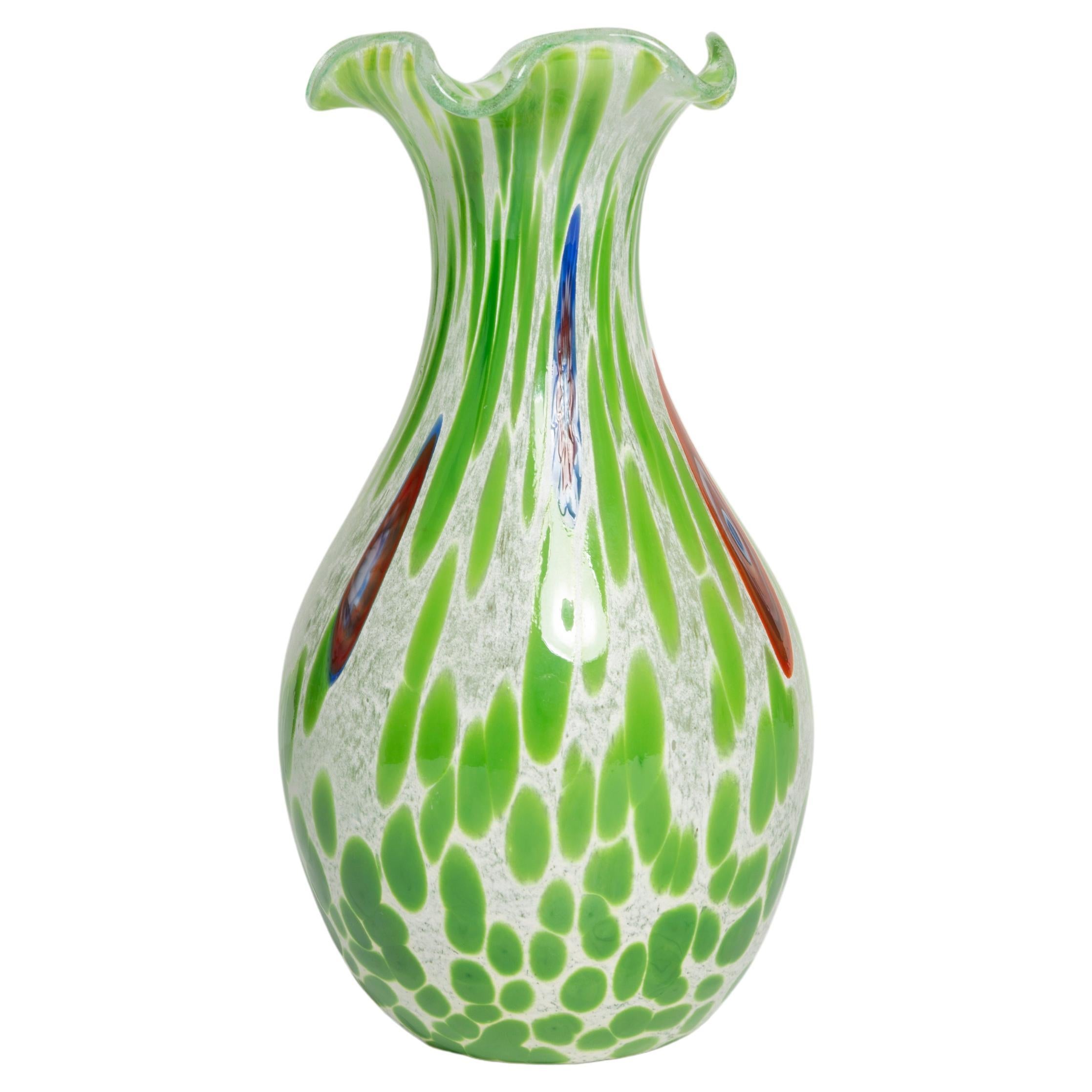 Mid Century Vintage Green Dots Small Murano Vase, Italy, 1960s For Sale