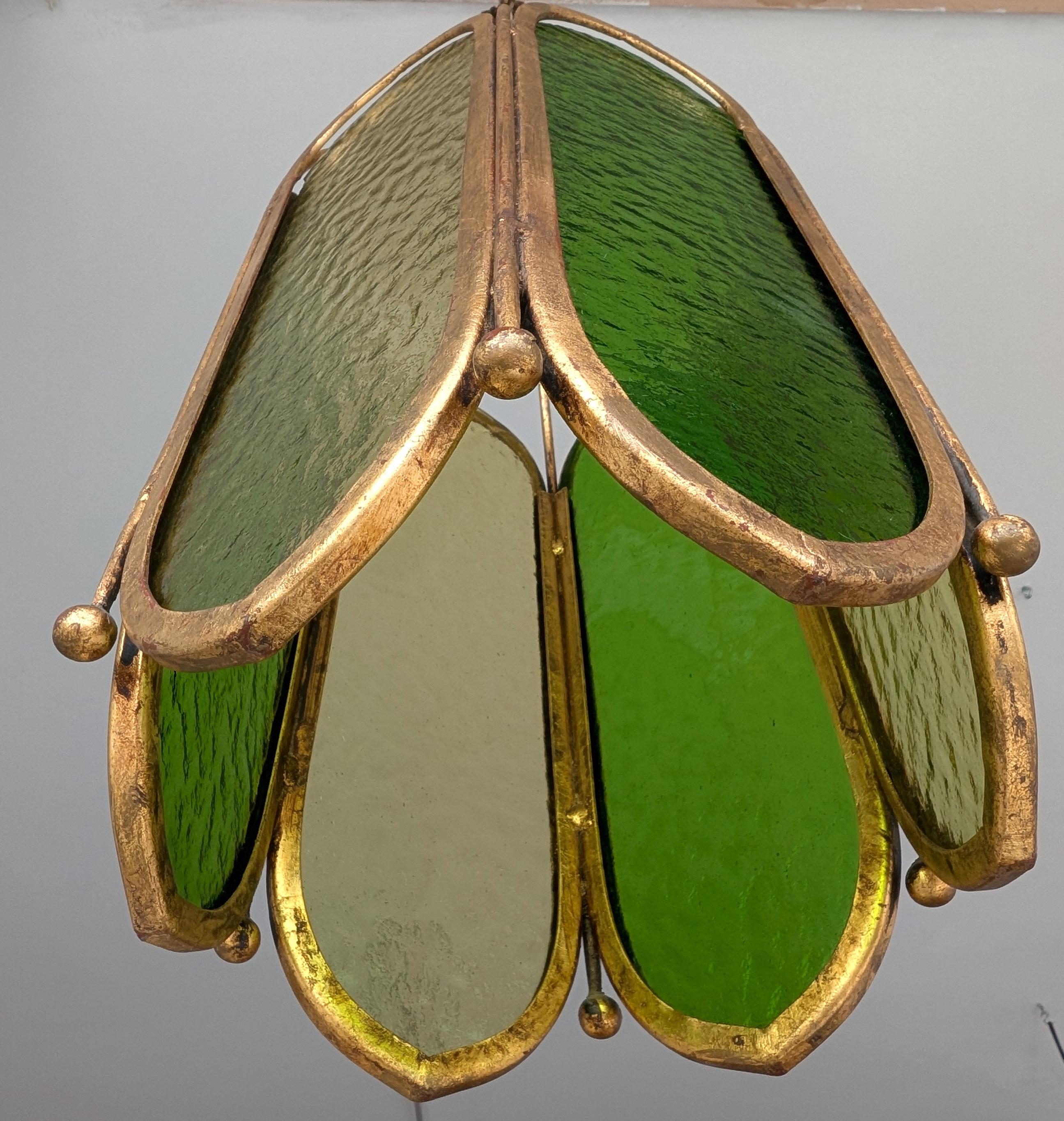 Mid century vintage green glass & gilt iron pendant light, USA 1960s For Sale 3
