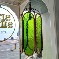 Mid century vintage green glass & gilt iron pendant light, USA 1960s