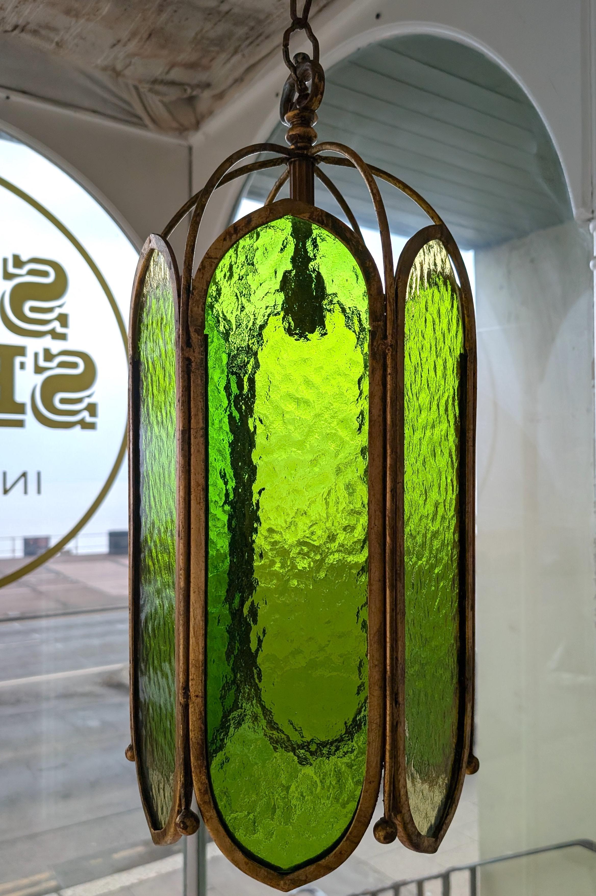 Mid-Century Modern Mid century vintage green glass & gilt iron pendant light, USA 1960s For Sale