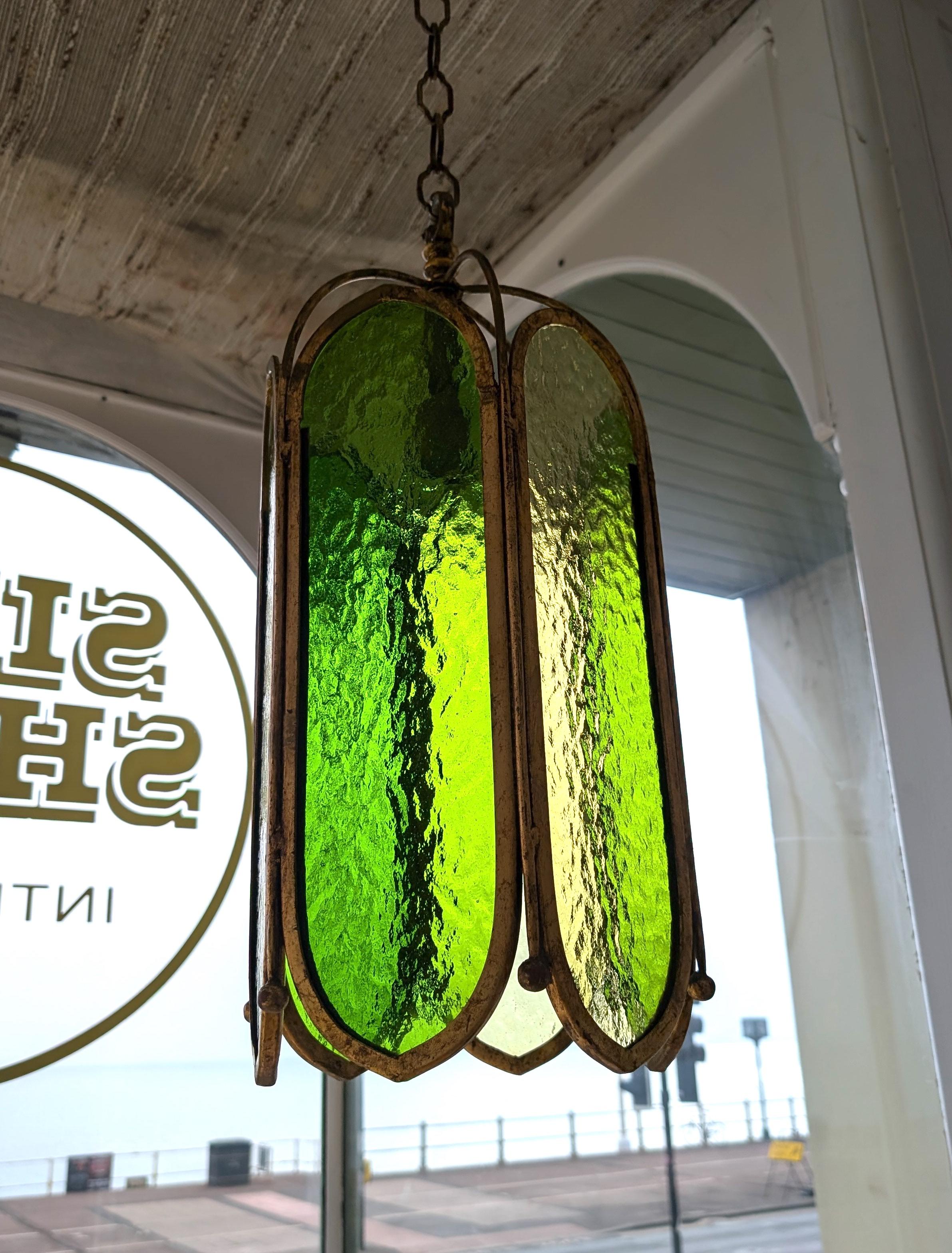 American Mid century vintage green glass & gilt iron pendant light, USA 1960s For Sale