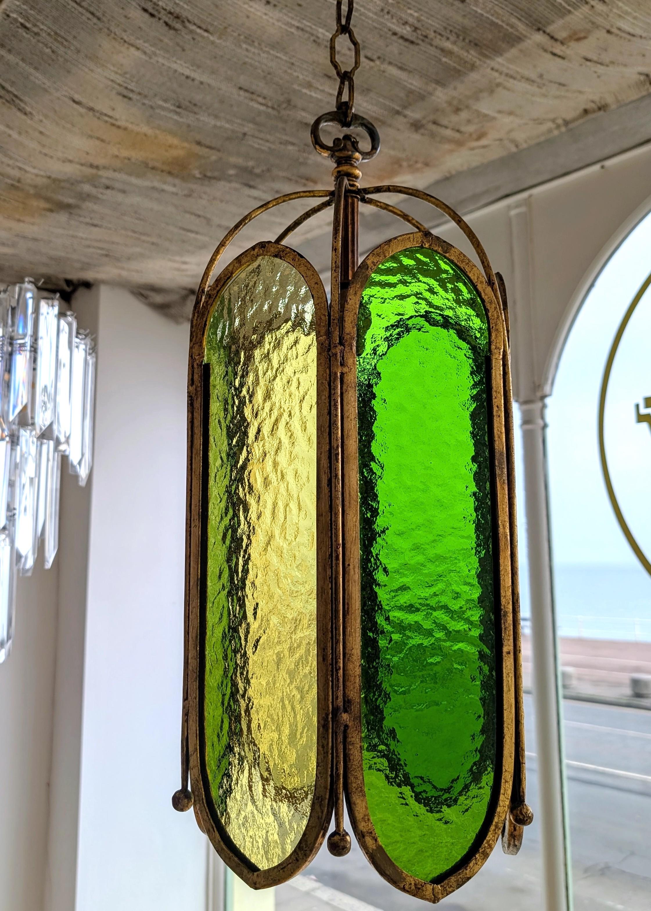 Mid century vintage green glass & gilt iron pendant light, USA 1960s In Good Condition For Sale In Hastings, GB
