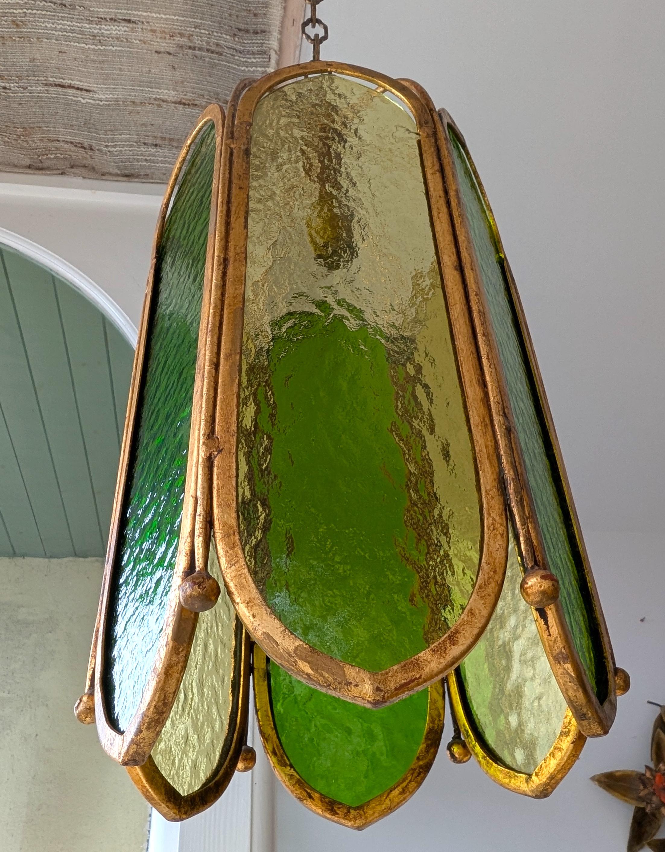 20th Century Mid century vintage green glass & gilt iron pendant light, USA 1960s For Sale