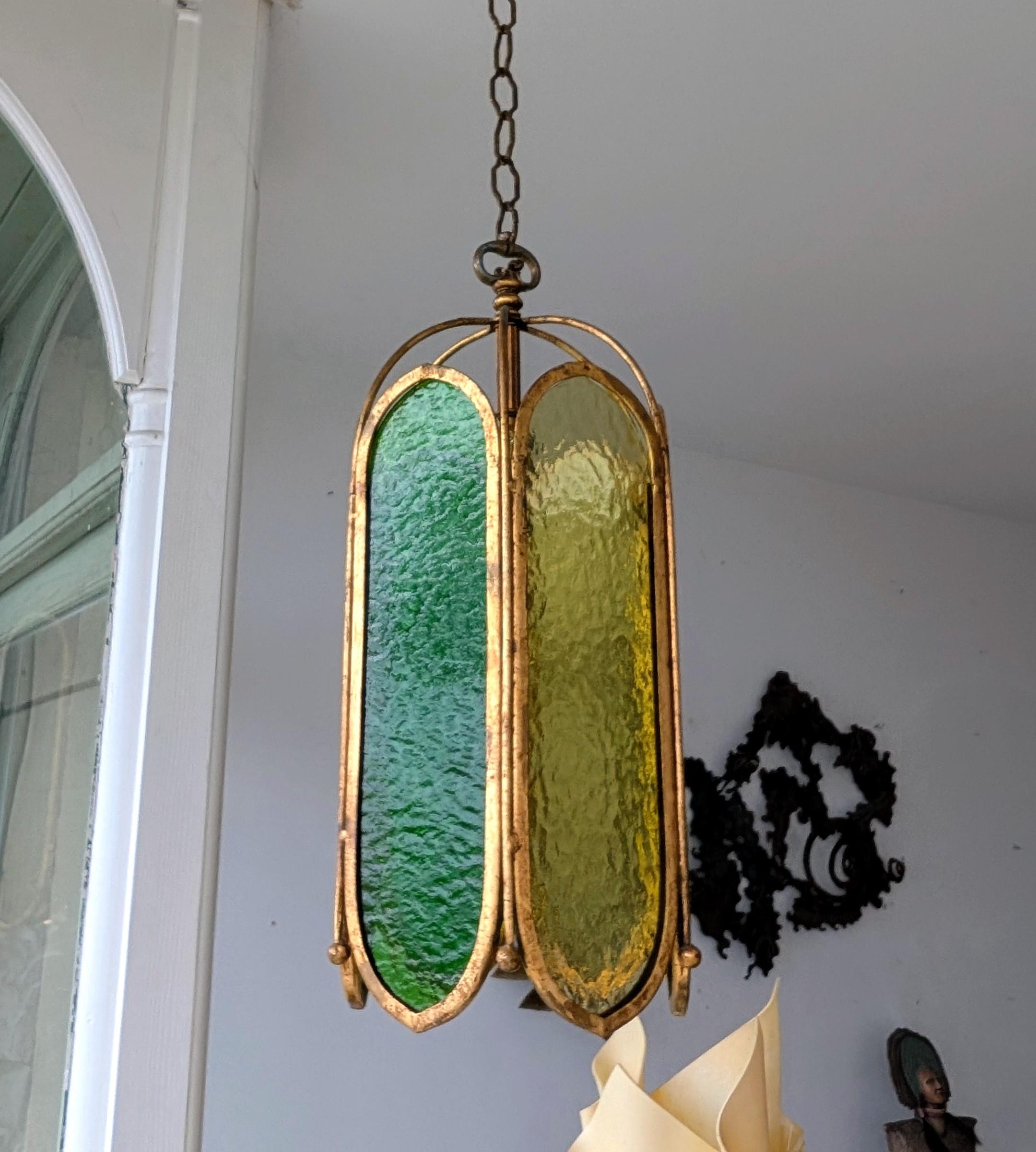 Glass Mid century vintage green glass & gilt iron pendant light, USA 1960s For Sale