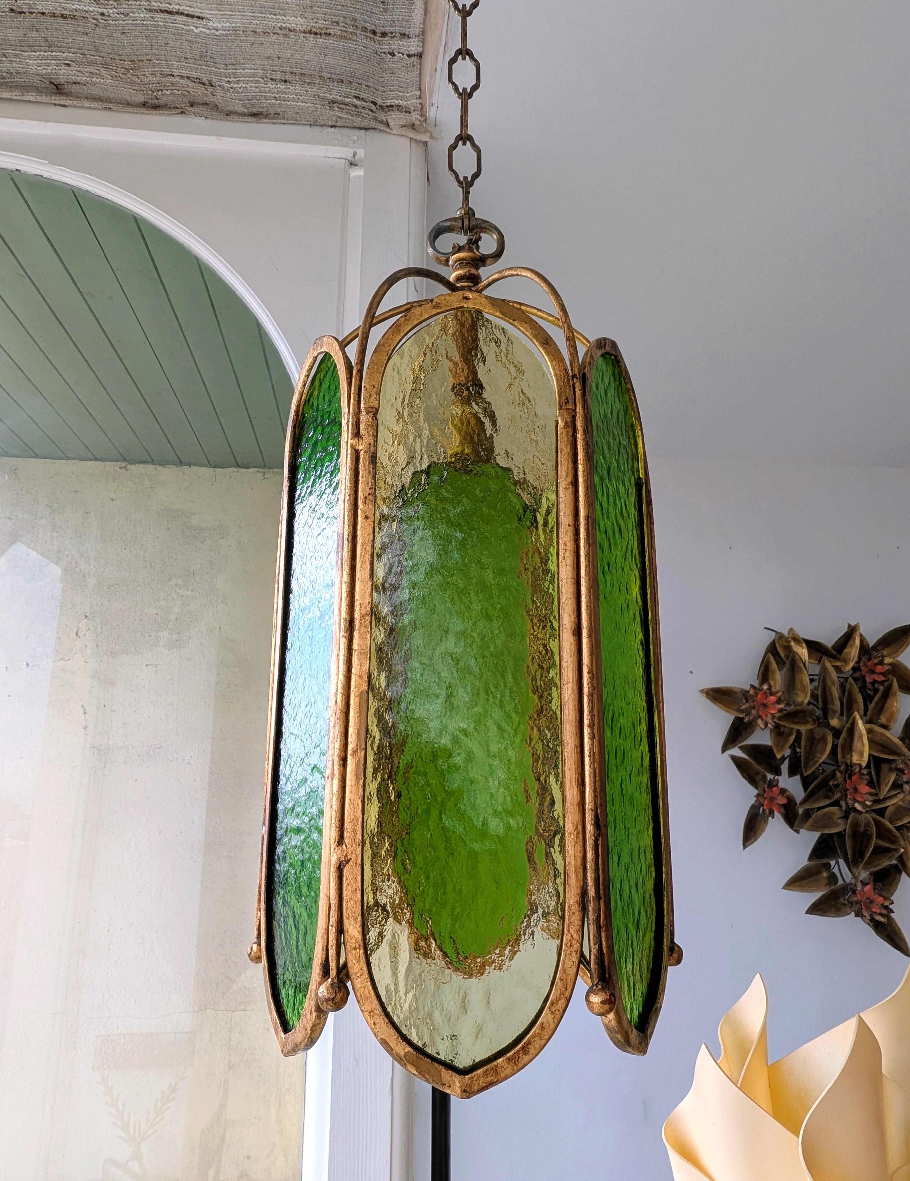 Mid century vintage green glass & gilt iron pendant light, USA 1960s For Sale 1