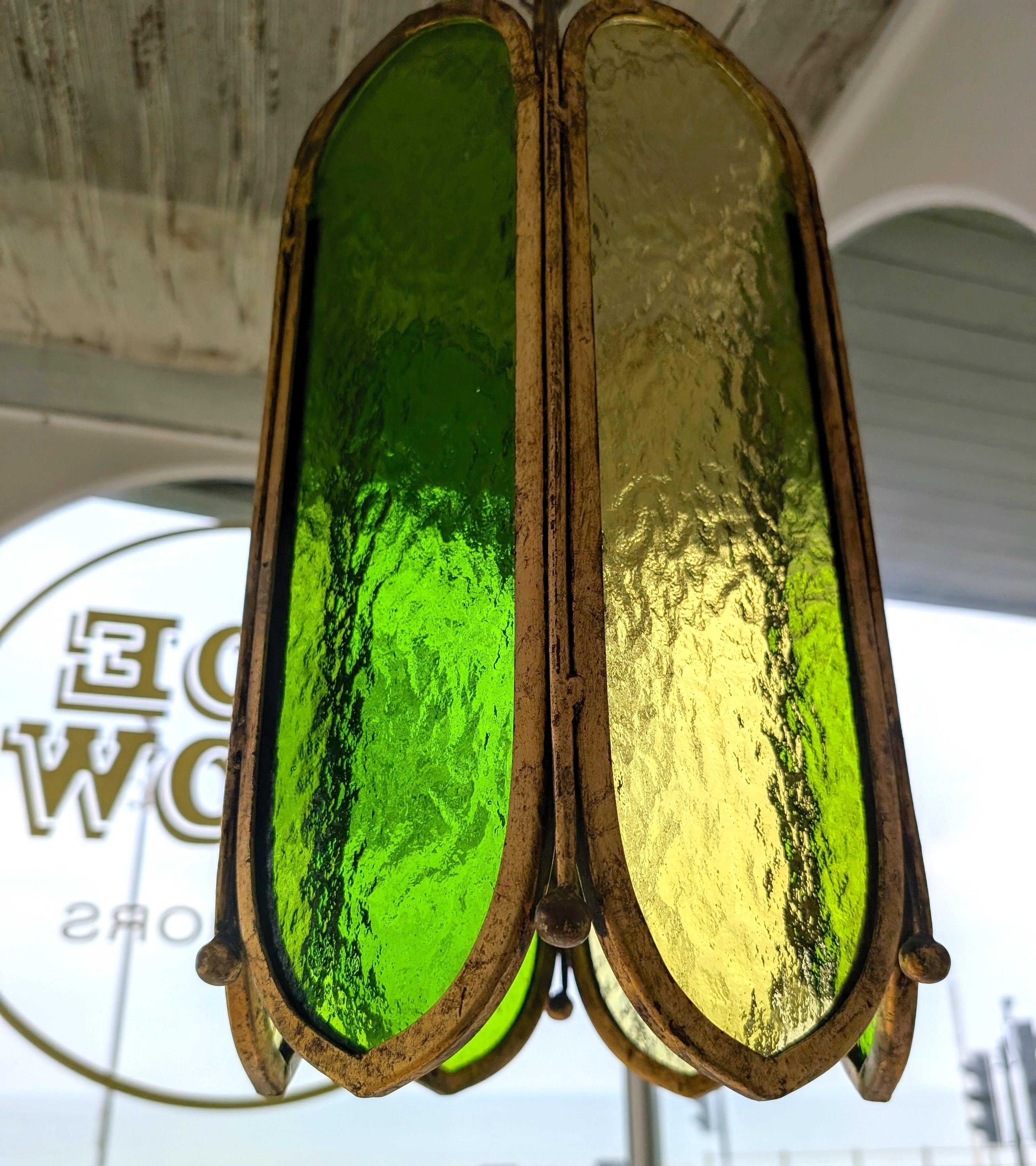 Mid century vintage green glass & gilt iron pendant light, USA 1960s For Sale 2