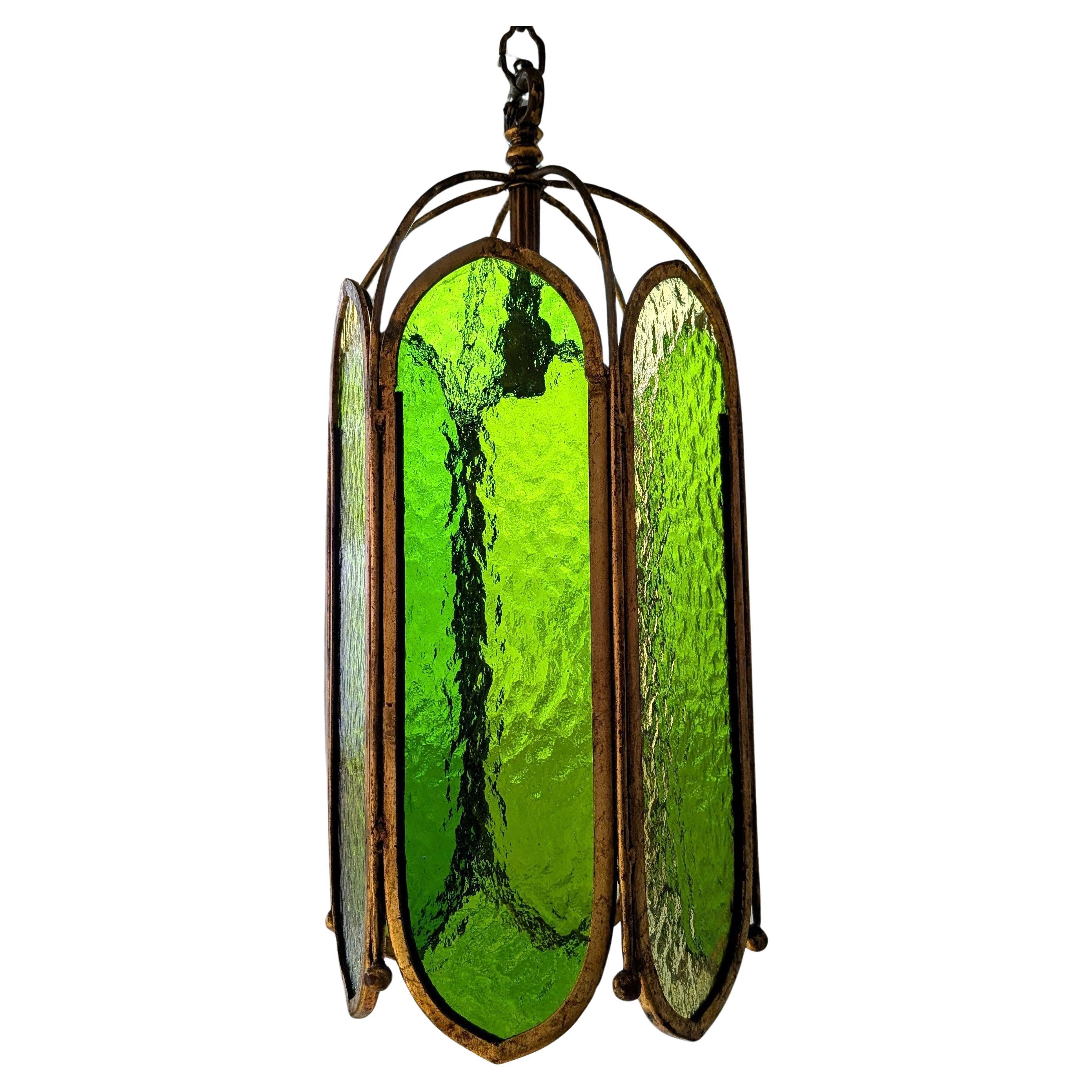 Mid century vintage green glass & gilt iron pendant light, USA 1960s For Sale