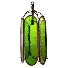 Mid century vintage green glass & gilt iron pendant light, USA 1960s