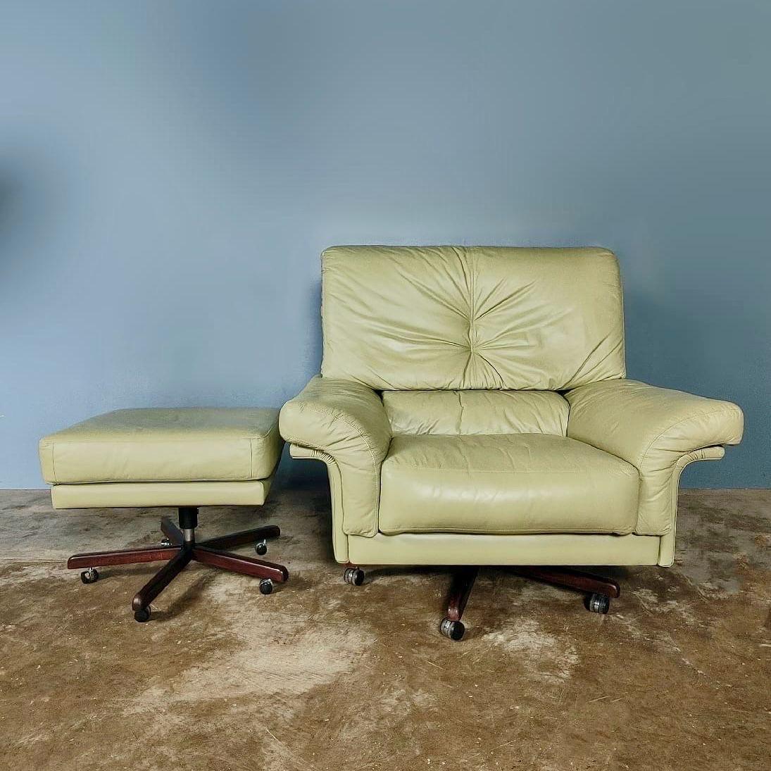 New Stock ✅

Mid Century Vintage Leather Green Leather Swivel and Footstool 1980s Italian Vintage Retro MCM

Beautiful matching swivel arm chair and footstool in high quality mint sage green leather. We believe these items date from the 1980 and