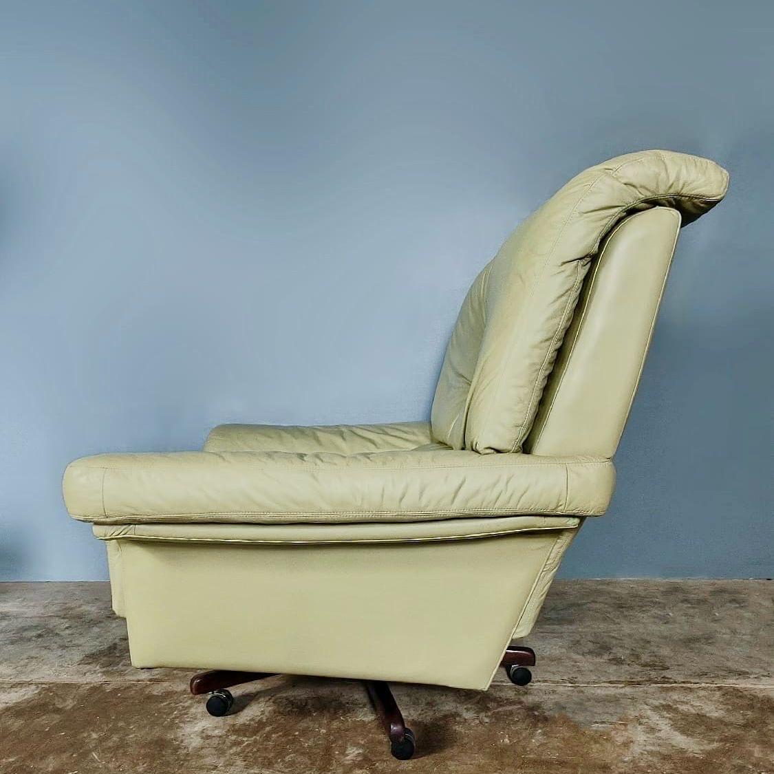Mid-Century Modern Mid Century Vintage Green Leather Swivel Armchair & Footstool 1980s Italian MCM 