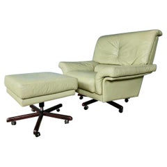 Mid Century Vintage Green Leather Swivel Armchair & Footstool 1980s Italian MCM
