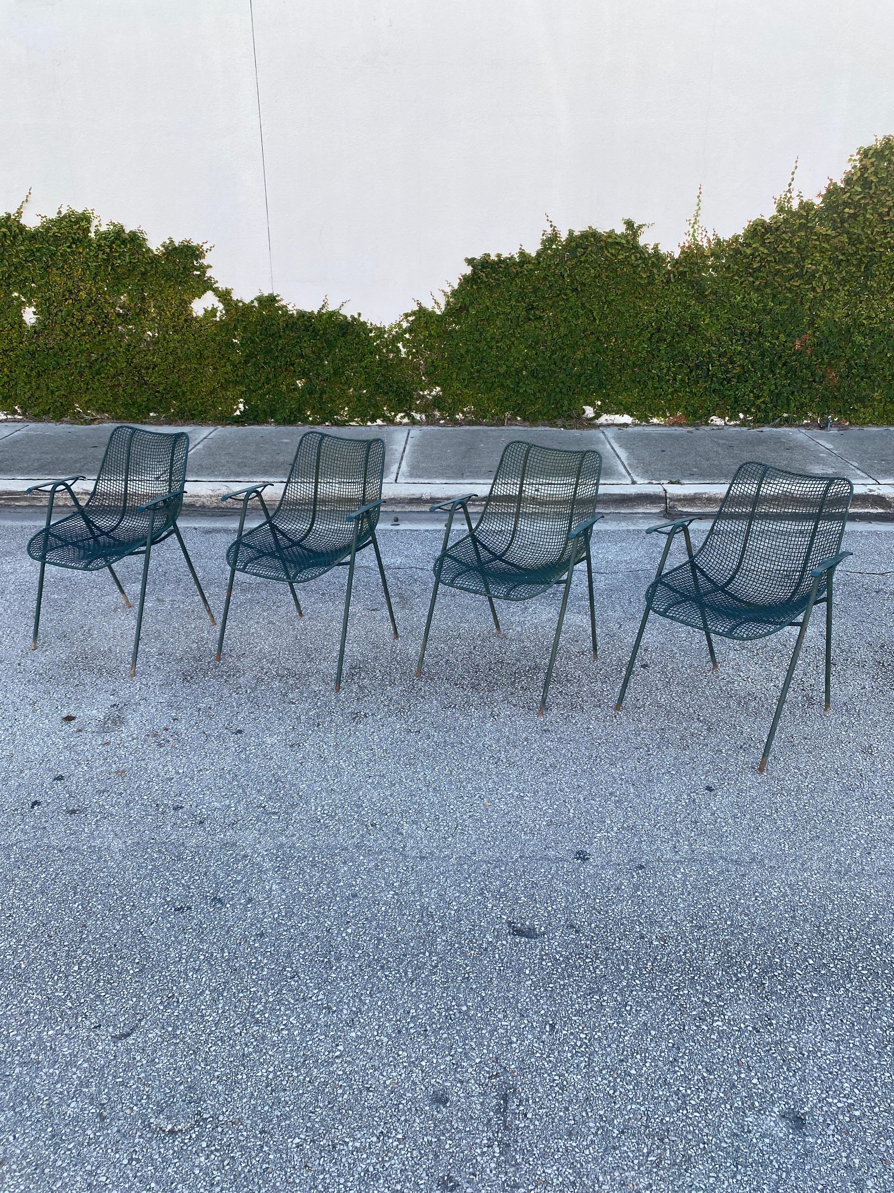 Mid-Century Modern Mid Century vintage green Russell Woodard Sculptura mesh dining armchairs - 4 For Sale