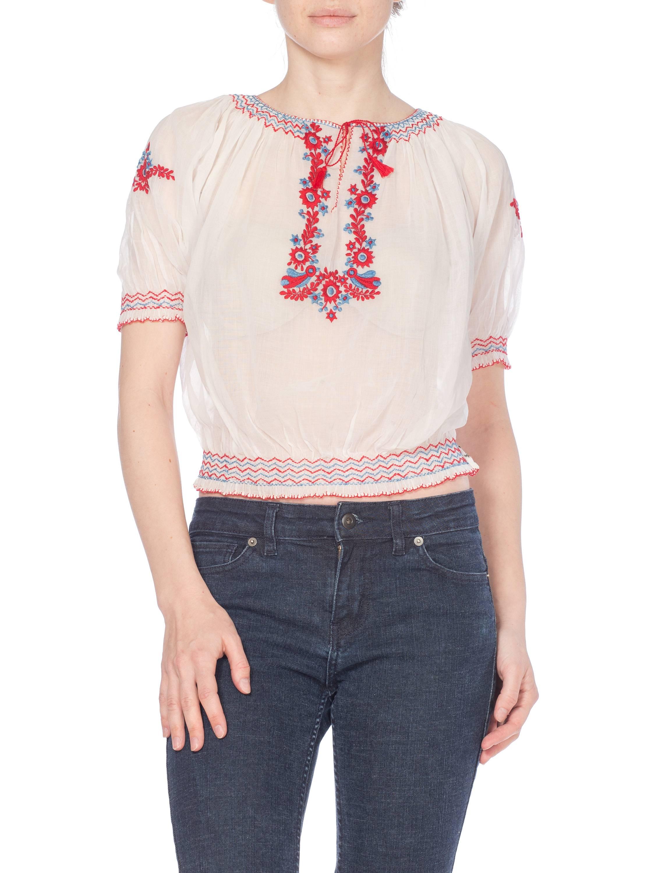 Beige Mid-Century Vintage Hand Embroidered Hungarian Boho Top