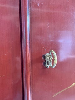 Mid-century vintage hand painted Cinnabar red chinoiserie cabinet