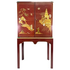 Mid-century vintage hand painted Cinnabar red chinoiserie cabinet