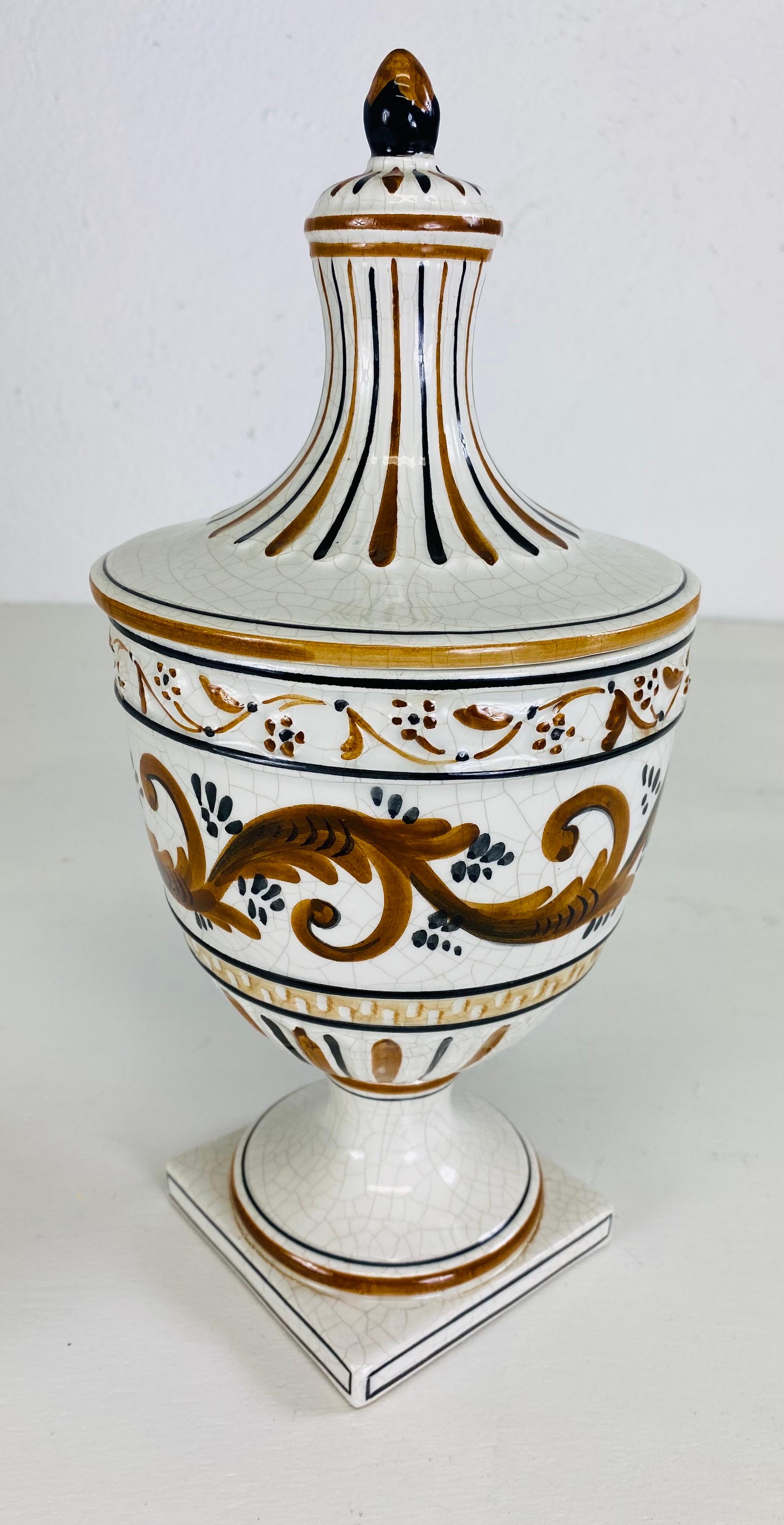 Mid-20th Century Mid century vintage hand-painted Italian pottery urn with lid. For Sale