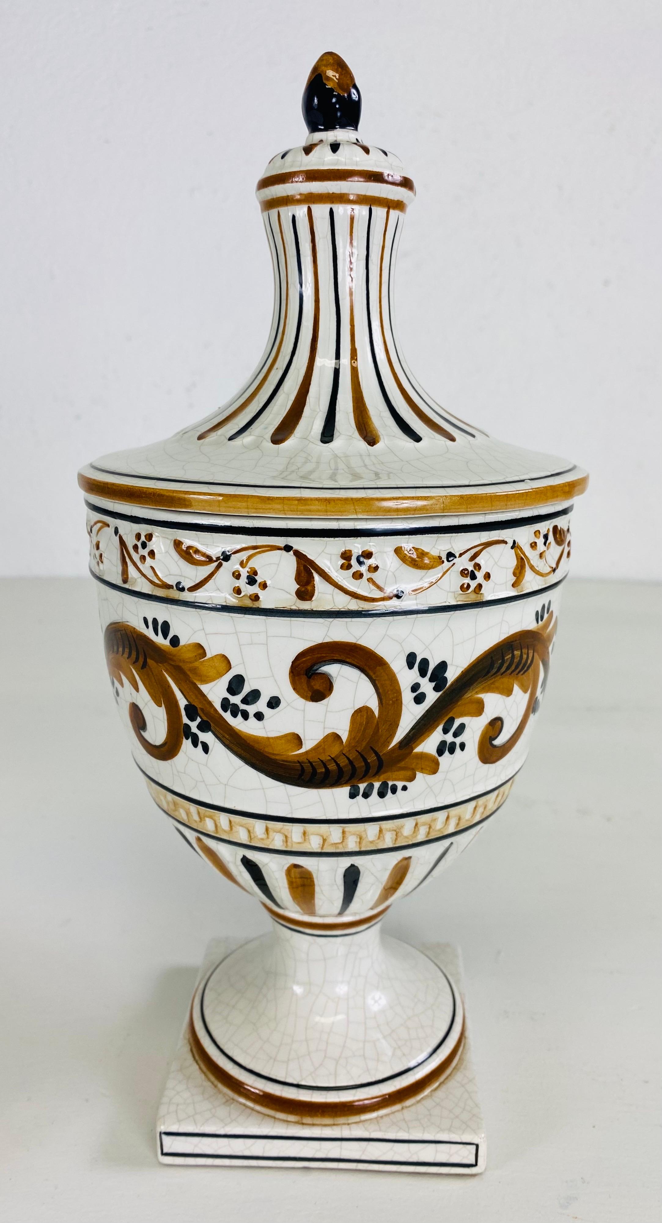 Pottery Mid century vintage hand-painted Italian pottery urn with lid. For Sale