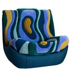 Mid Century Vintage Hand Tufting Blue Atlantis Big Armchair, 1960s