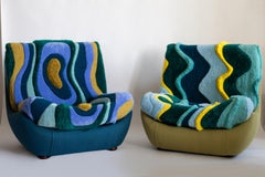 Mid Century Vintage Hand Tufting Green Yellow Atlantis Big Armchair, 1960s