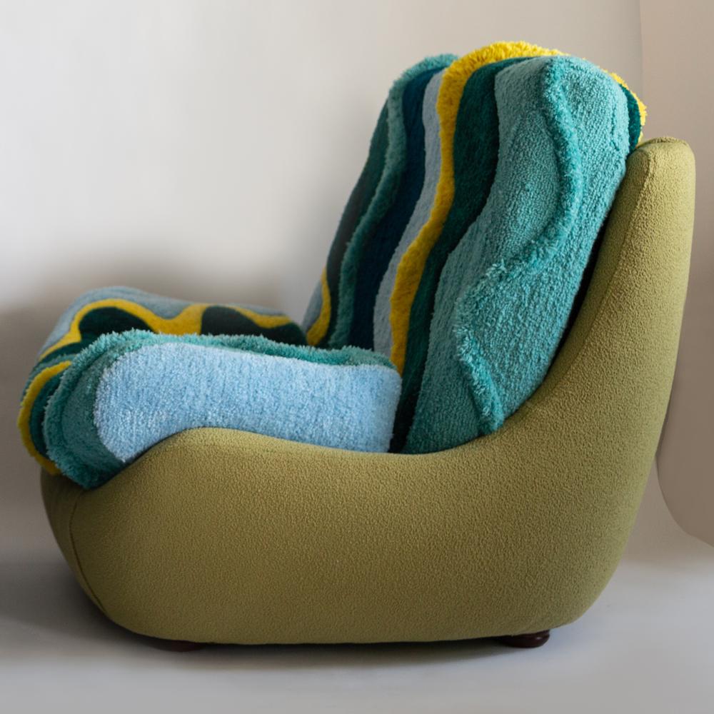 Mid-Century Modern Mid Century Vintage Hand Tufting Green Yellow Atlantis Big Armchair, 1960s For Sale