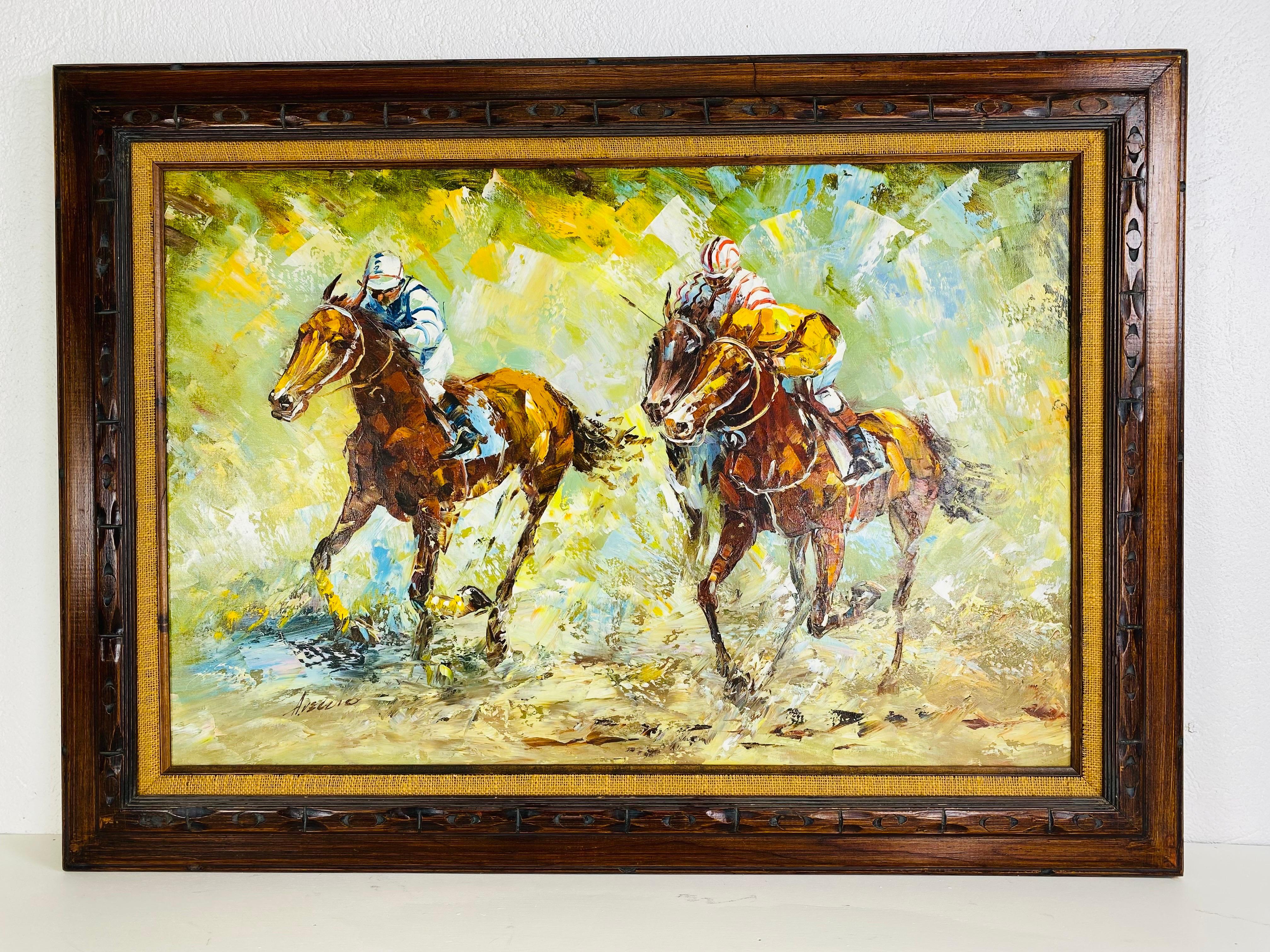 Mid century vintage handsome impressionist oil on canvas a day at the races. For Sale 4