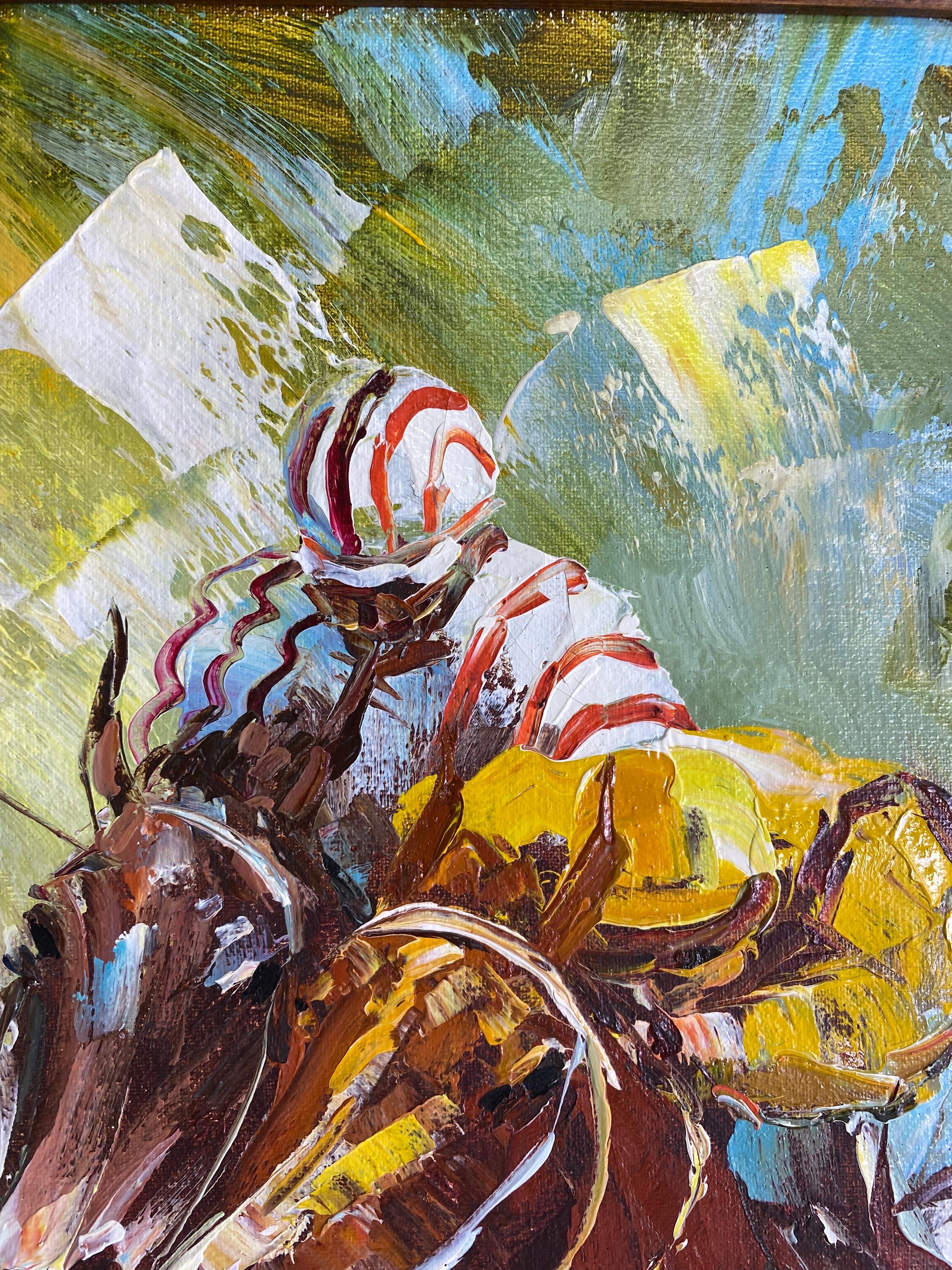American Mid century vintage handsome impressionist oil on canvas a day at the races. For Sale
