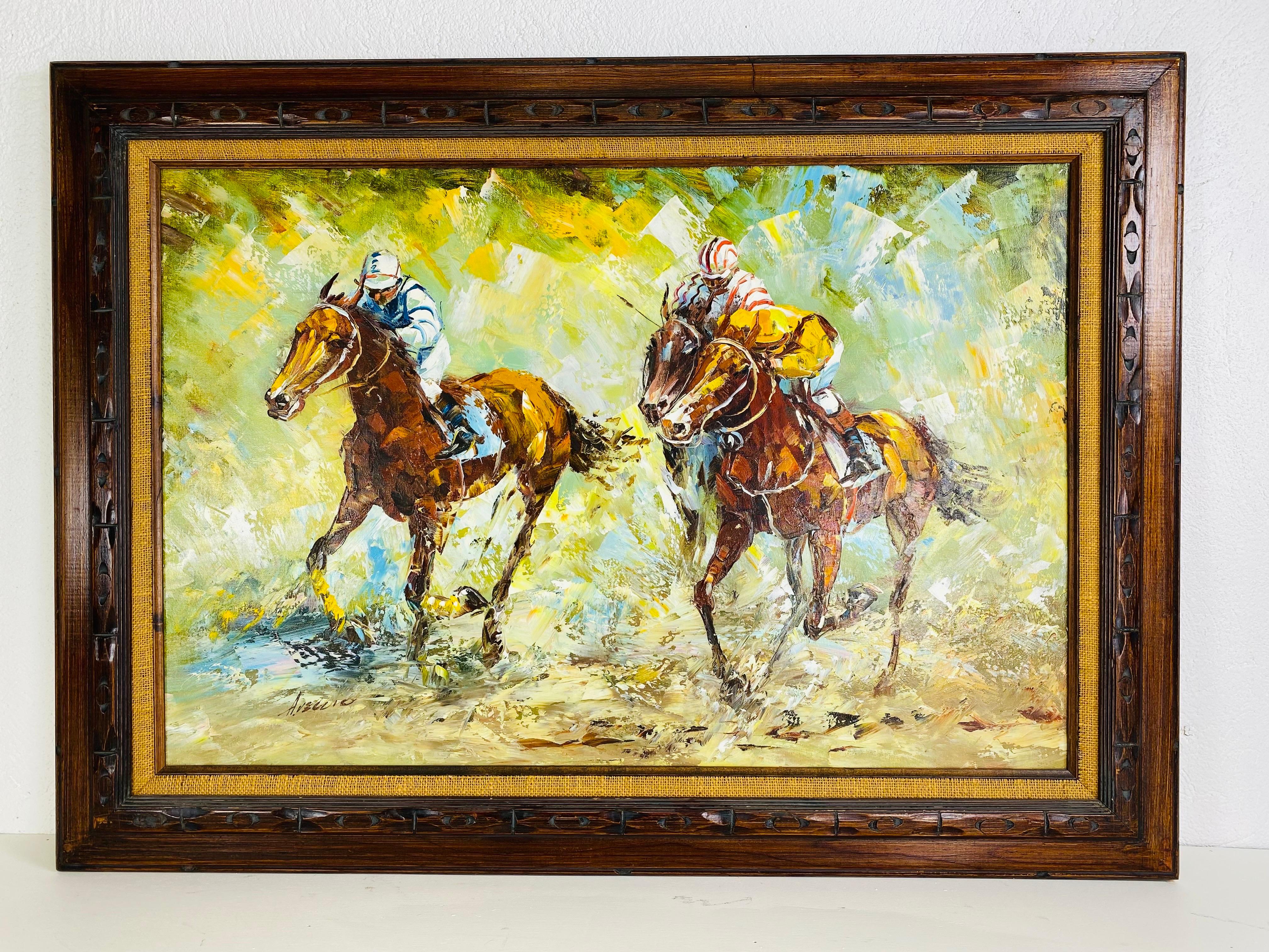 Mid century vintage handsome impressionist oil on canvas a day at the races. In Good Condition For Sale In Allentown, PA