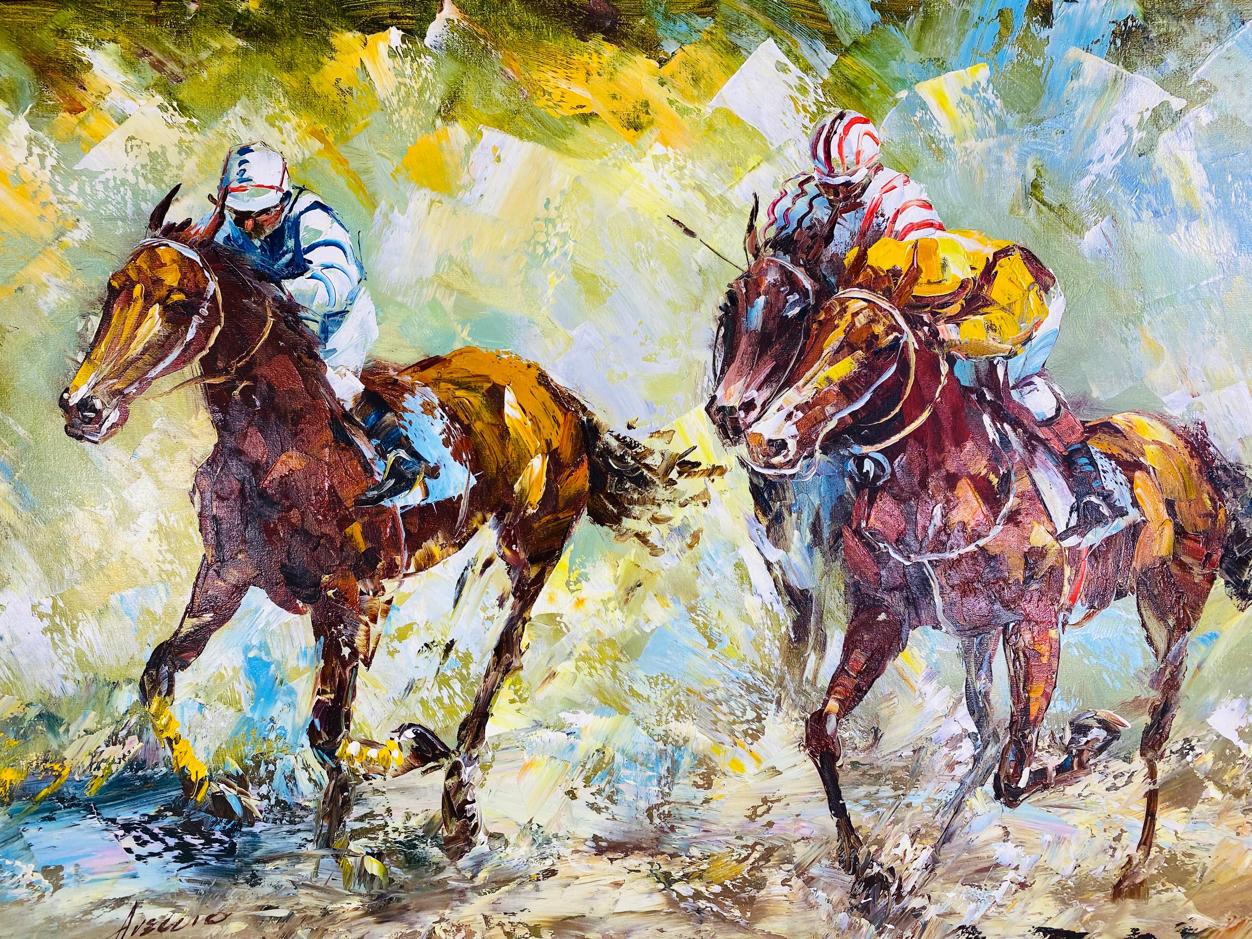 Mid-20th Century Mid century vintage handsome impressionist oil on canvas a day at the races. For Sale
