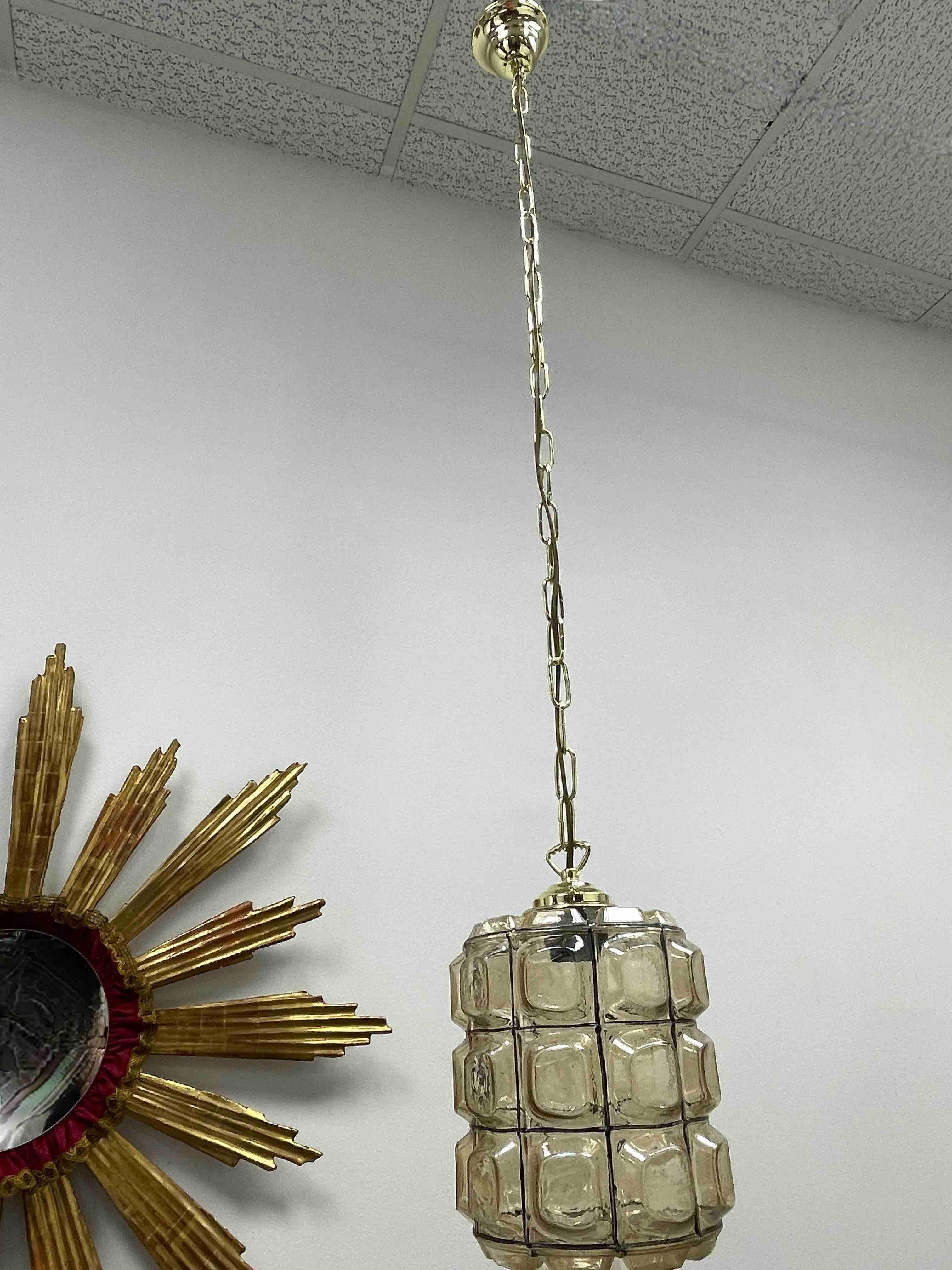Mid-Century Modern Mid-Century Vintage Iron Glass and Brass Pendant Light Lamp by Limburg, 1960s For Sale