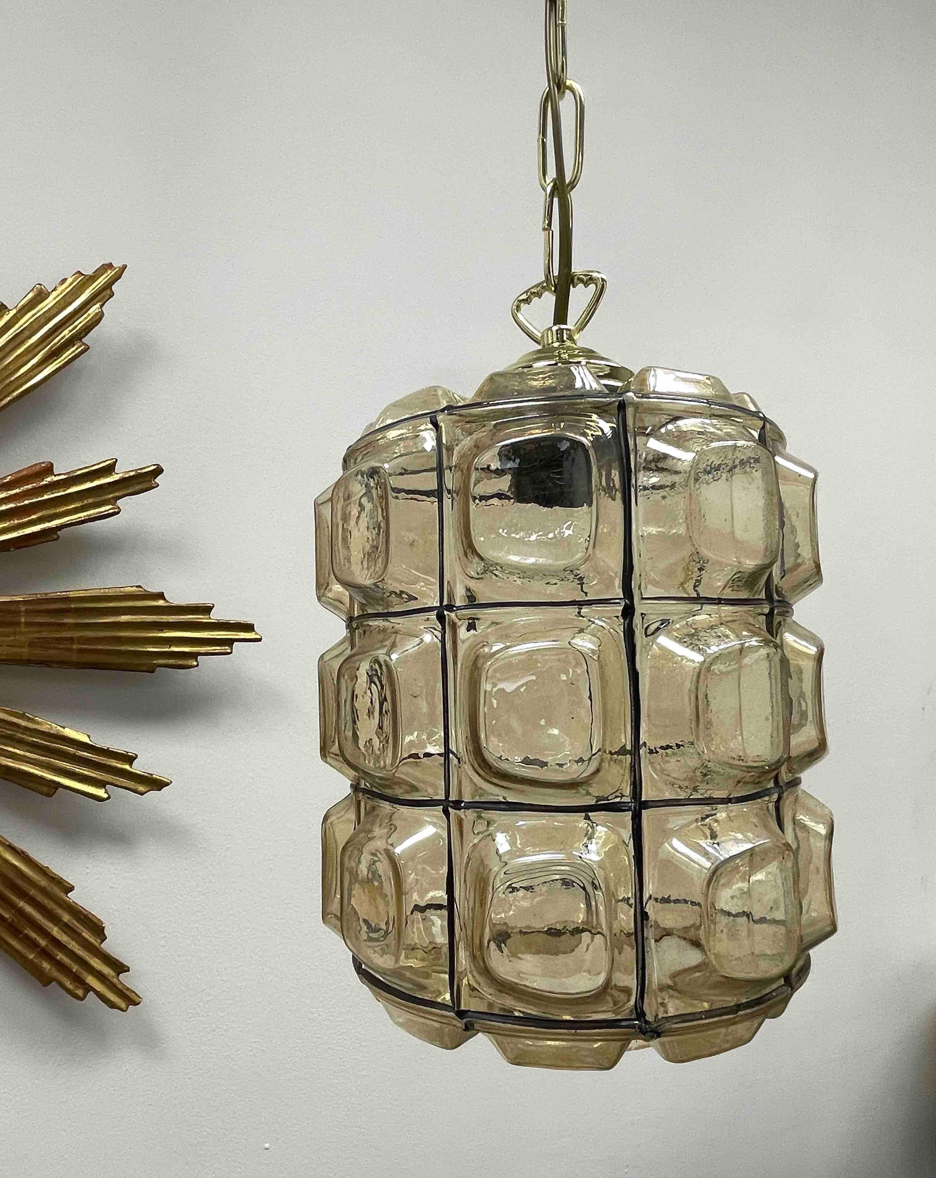 German Mid-Century Vintage Iron Glass and Brass Pendant Light Lamp by Limburg, 1960s For Sale