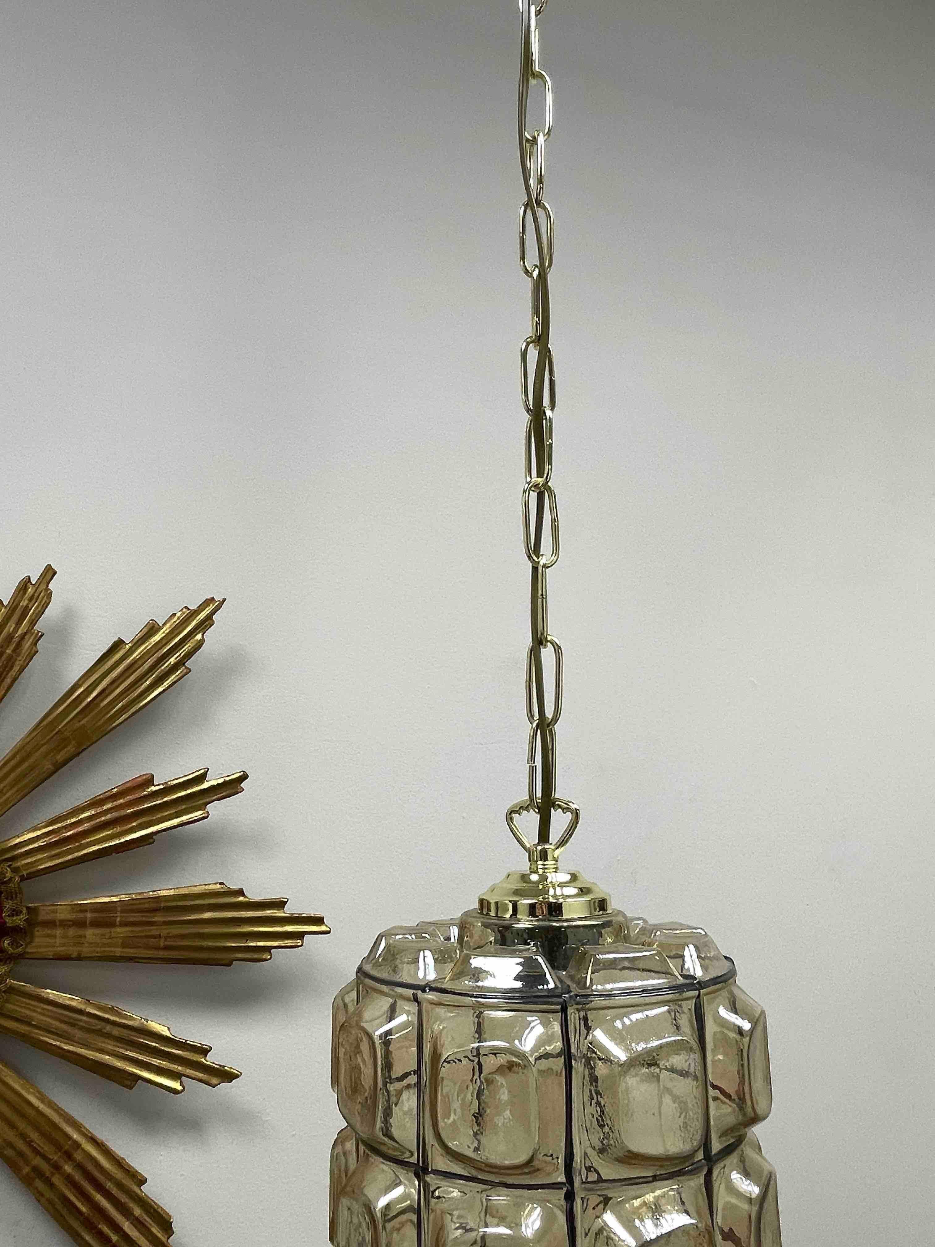Mid-Century Vintage Iron Glass and Brass Pendant Light Lamp by Limburg, 1960s In Good Condition For Sale In Nuernberg, DE