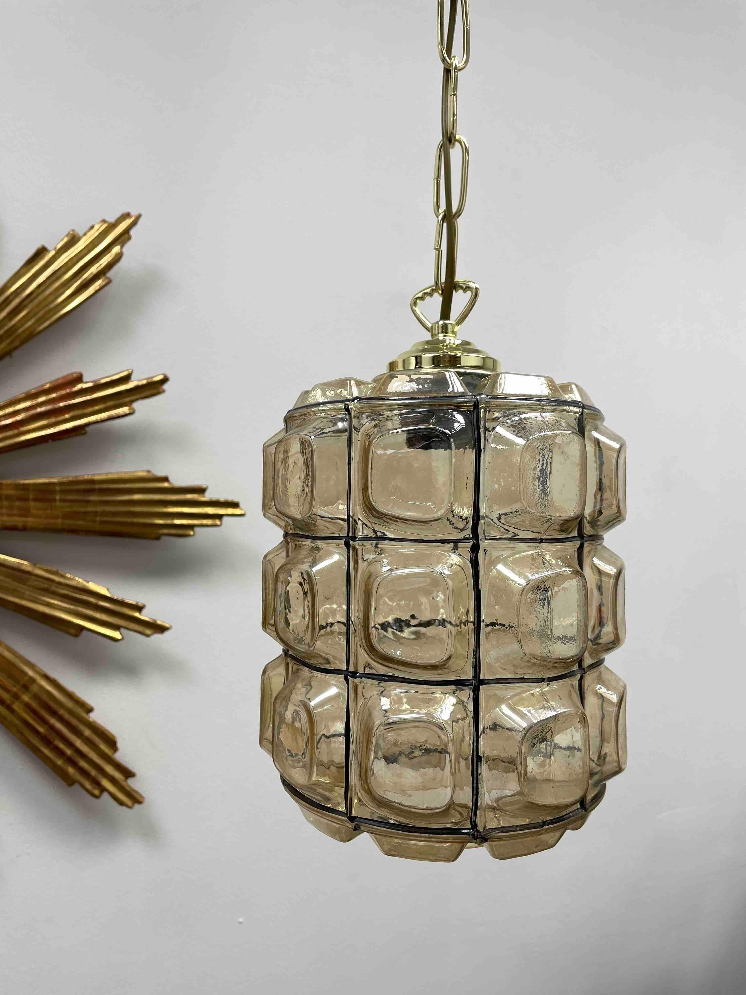 Mid-Century Vintage Iron Glass and Brass Pendant Light Lamp by Limburg, 1960s For Sale 1