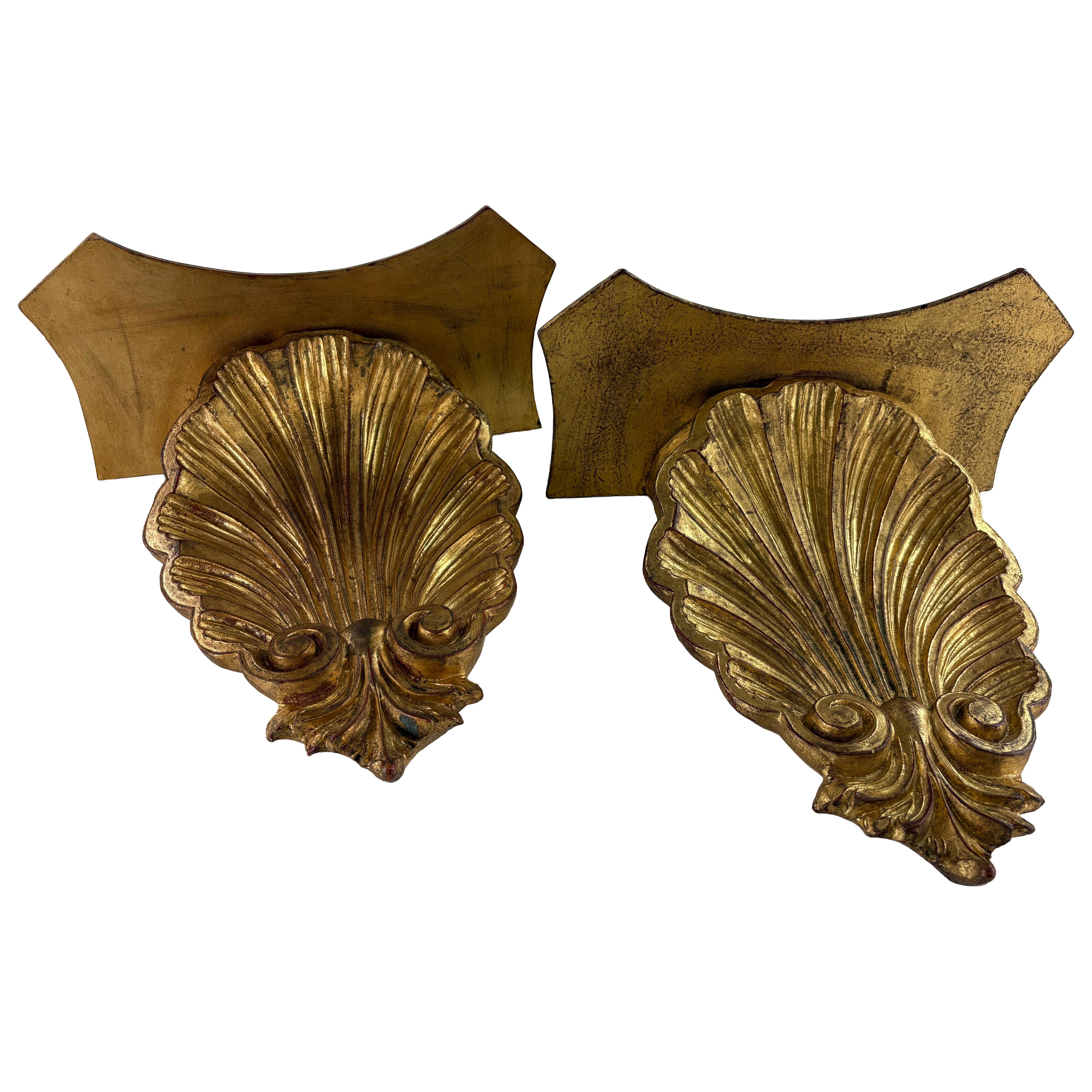 Mid-century vintage Italian hand carved shell wall brackets