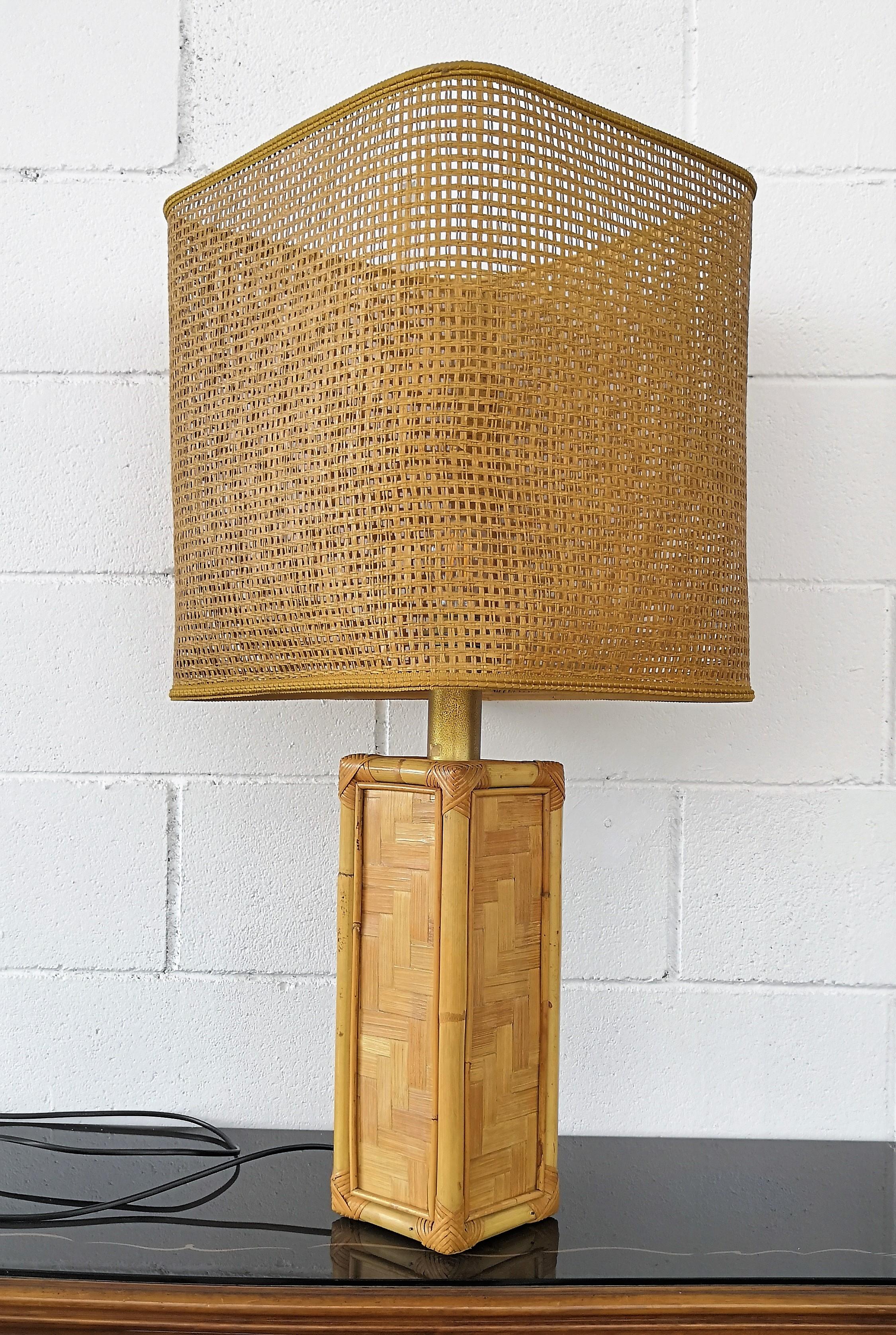 Midcentury Vintage Italian Rattan Bamboo Cane and Brass Table Lamp 1