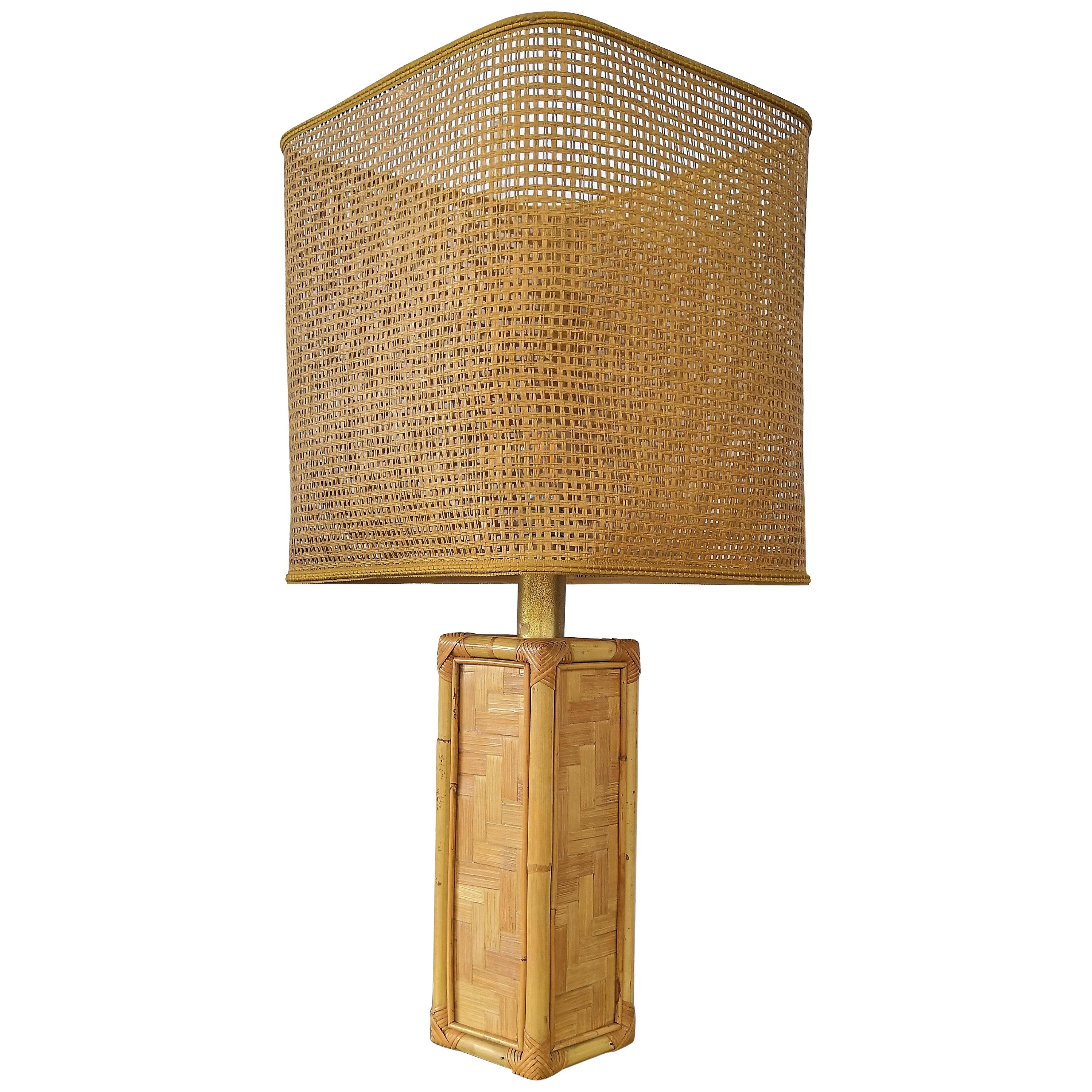 Midcentury Vintage Italian Rattan Bamboo Cane and Brass Table Lamp For Sale