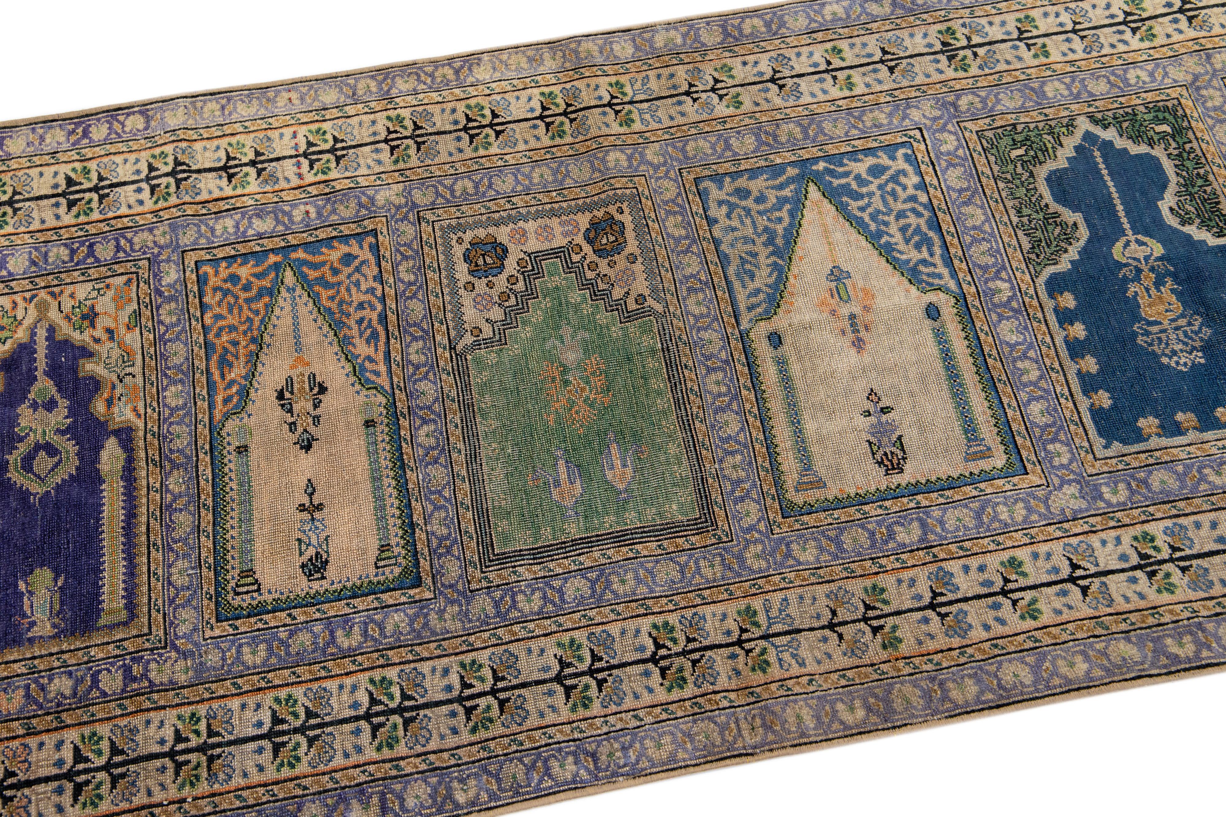 Mid-Century Modern Midcentury Vintage Kasari Silk Runner Handmade with Allover Multicolor Motif For Sale
