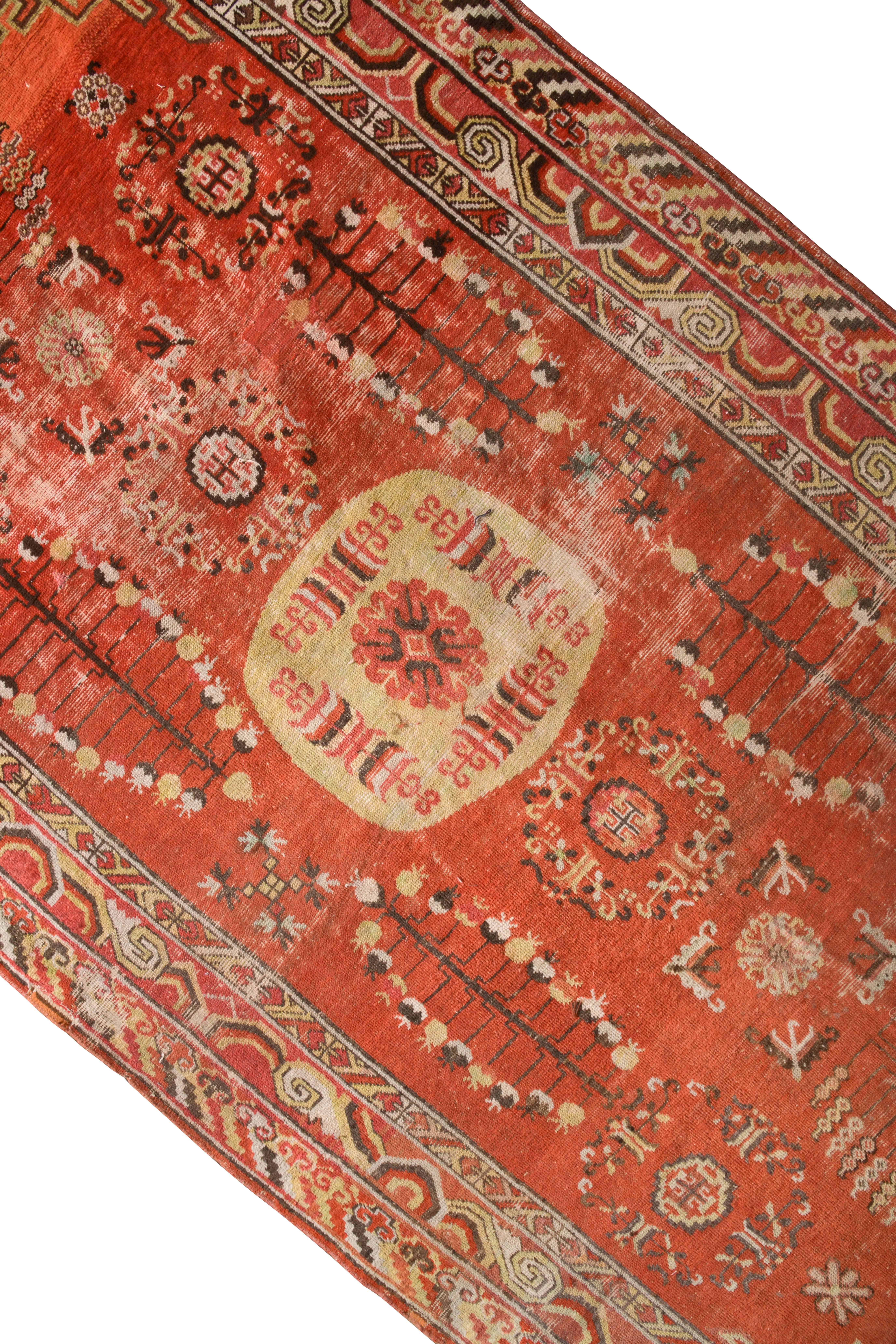 Khotan Midcentury Vintage Rug Red Beige-Brown Medallion All-Over Pattern by Rug & Kilim For Sale