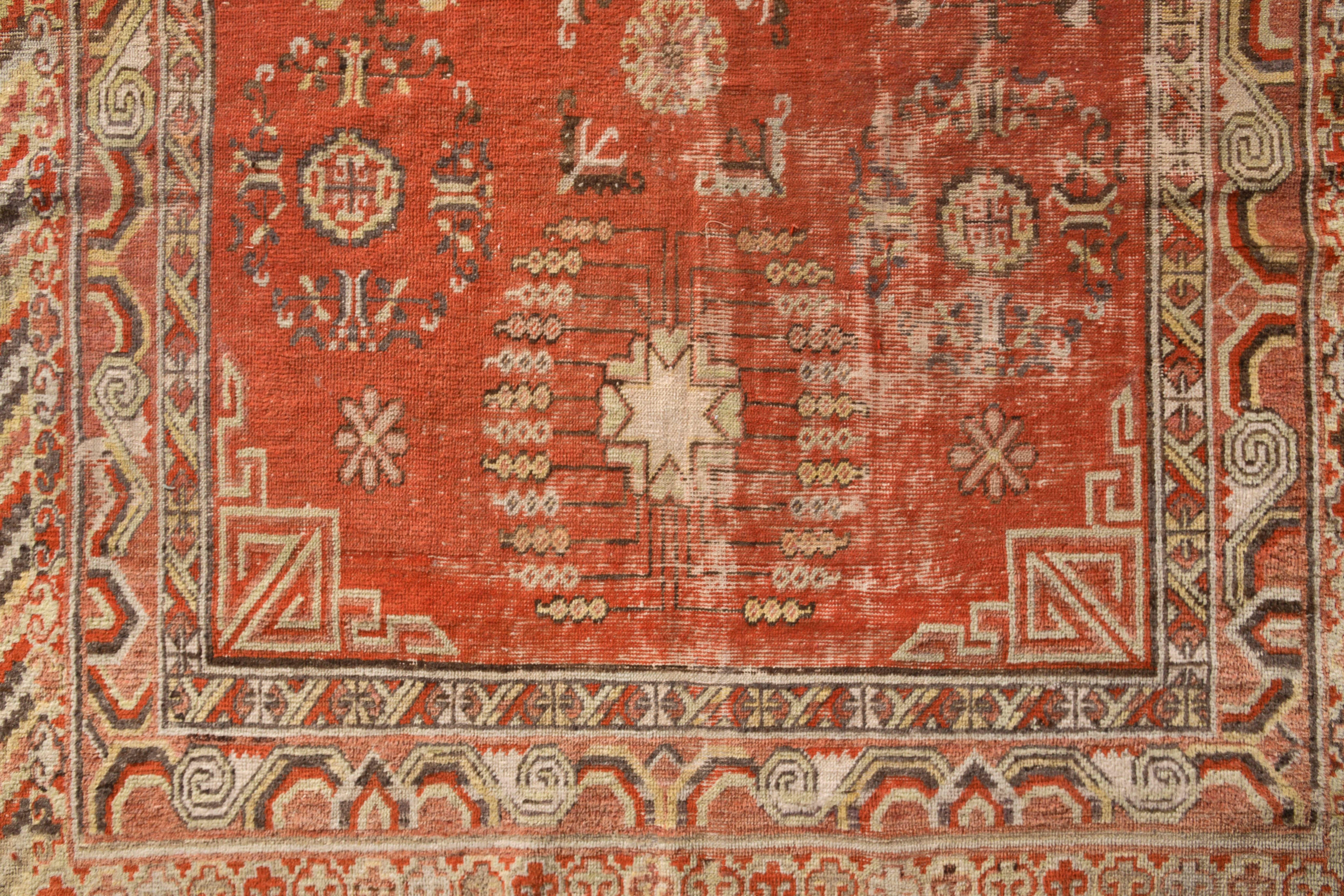 East Turkestani Midcentury Vintage Rug Red Beige-Brown Medallion All-Over Pattern by Rug & Kilim For Sale