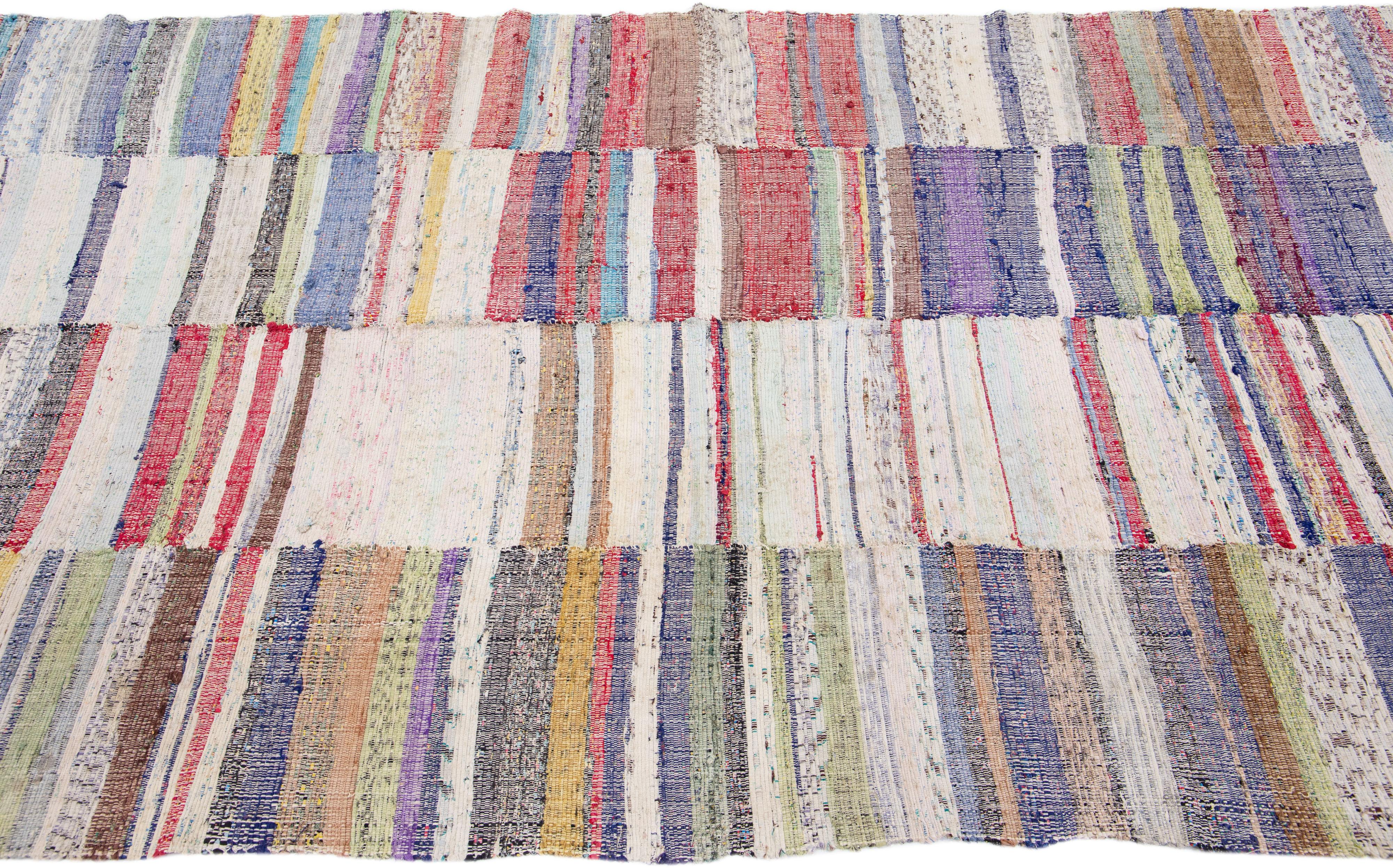 20th Century Mid-Century Vintage Kilim Handmade Wool Rug with Multicolor Motif For Sale