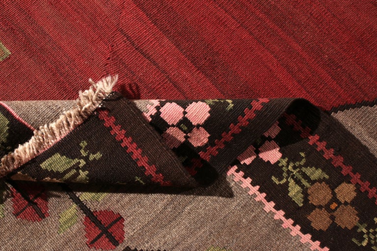 Midcentury Vintage Kilim Red Gray Medallion Floral Rug by Rug and Kilim