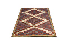 Mid-Century Vintage Rot in Blau Weiß Geometrisches All-Over-Muster von Teppich & Kelim
