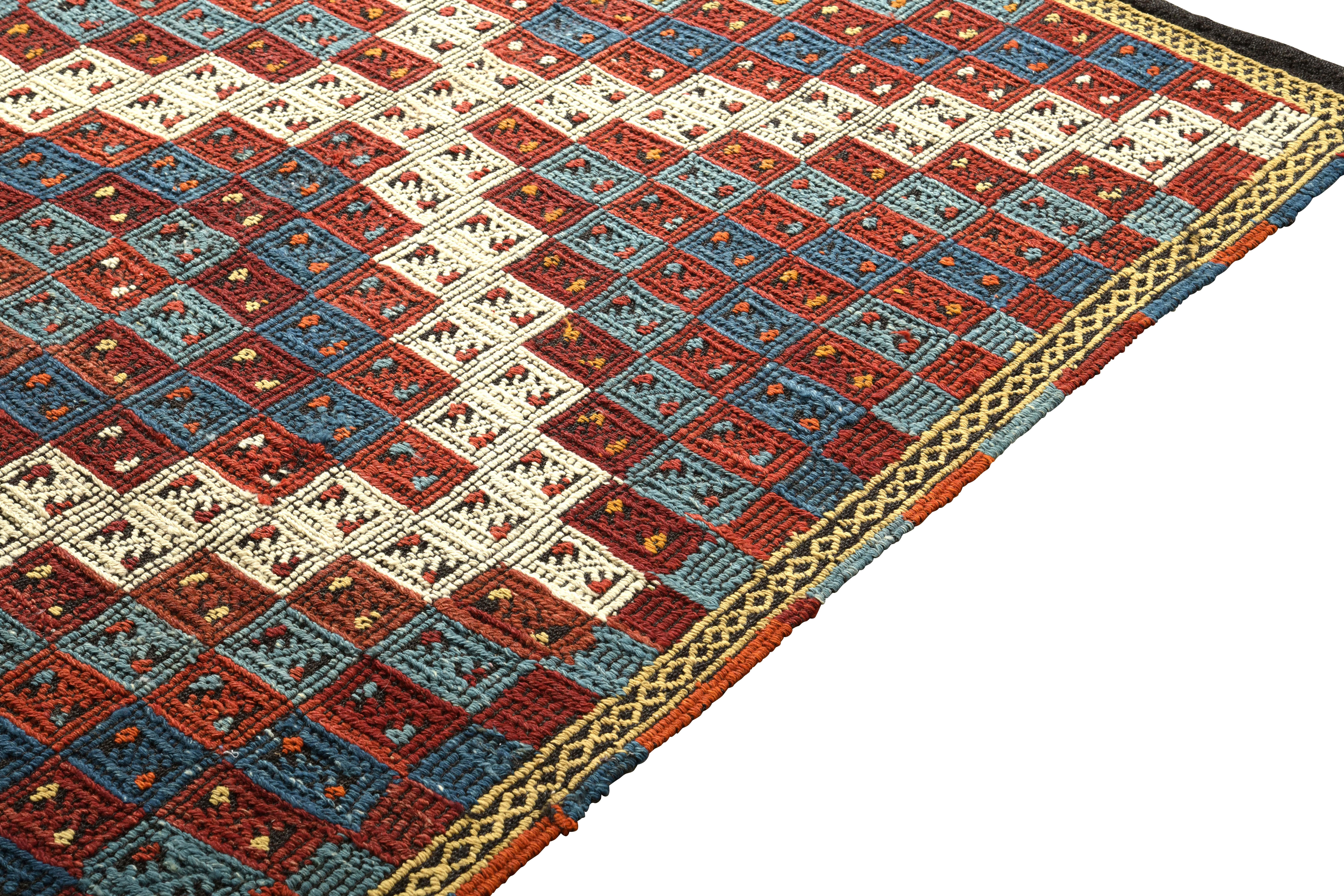 Turkish Midcentury Vintage Red in Blue White Geometric All-Over Pattern by Rug & Kilim For Sale