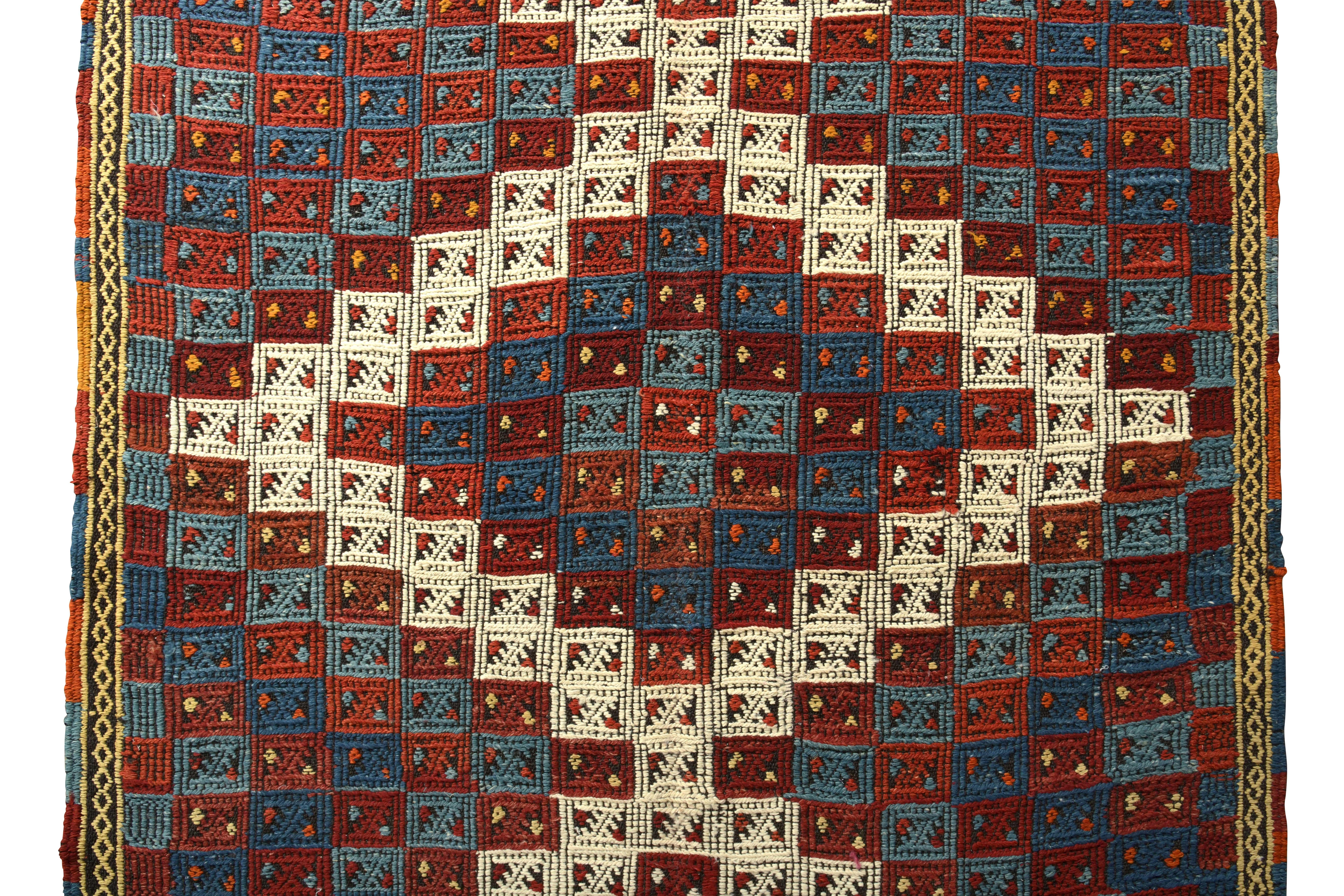 Hand-Woven Midcentury Vintage Red in Blue White Geometric All-Over Pattern by Rug & Kilim For Sale