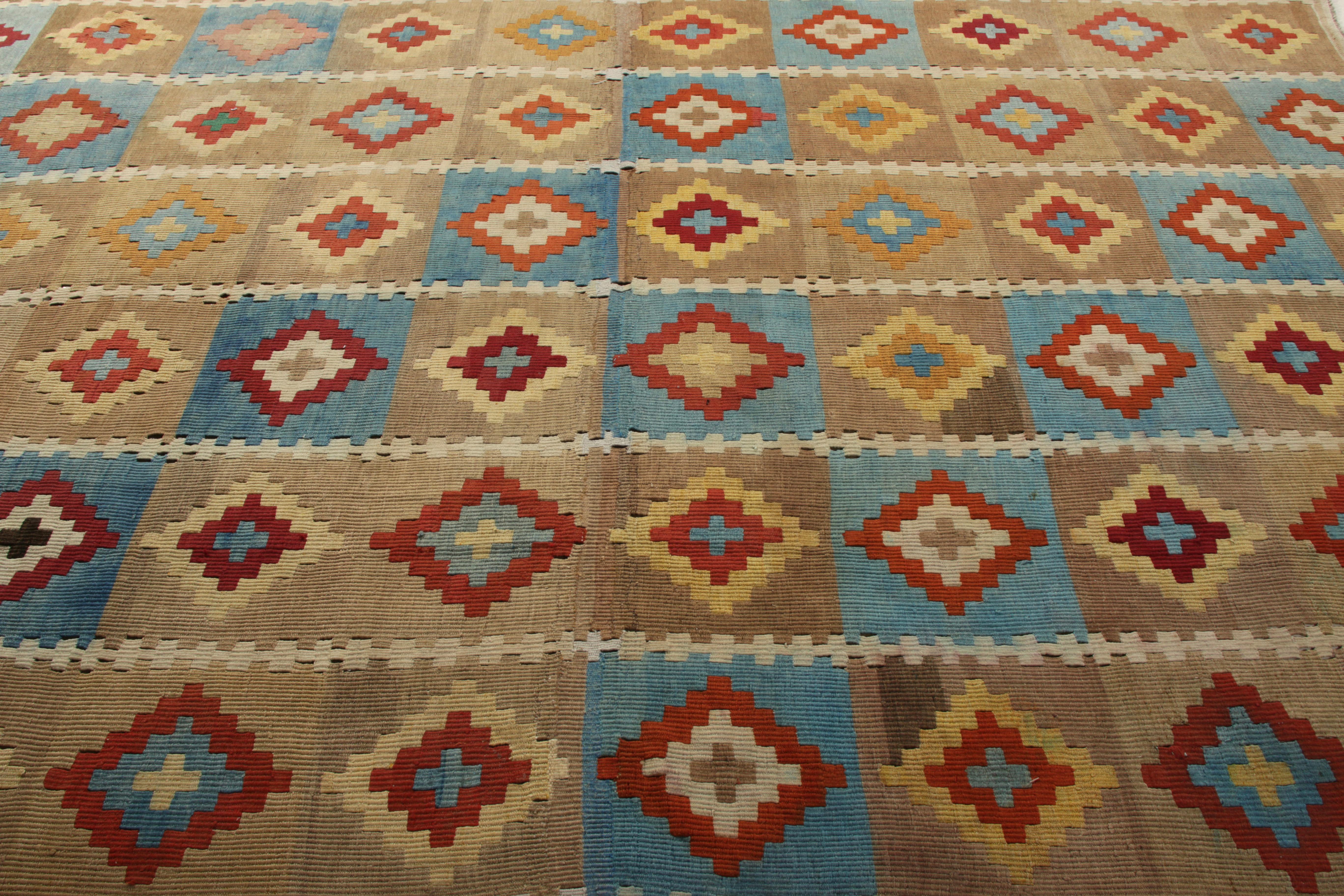 Turkish Midcentury Vintage Kilim Rug Beige Brown and Blue All-Over Diamond Pattern