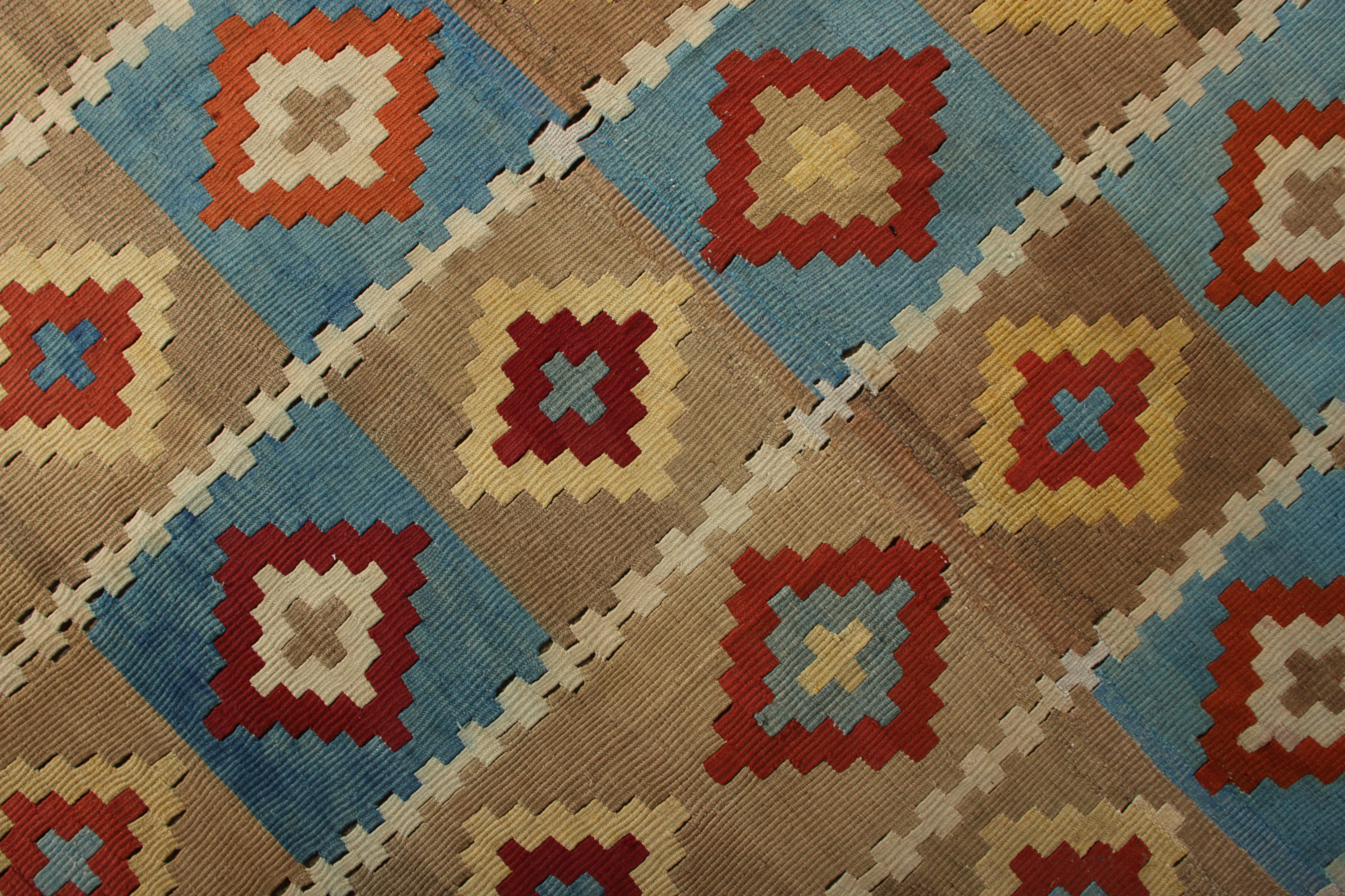 Hand-Woven Midcentury Vintage Kilim Rug Beige Brown and Blue All-Over Diamond Pattern
