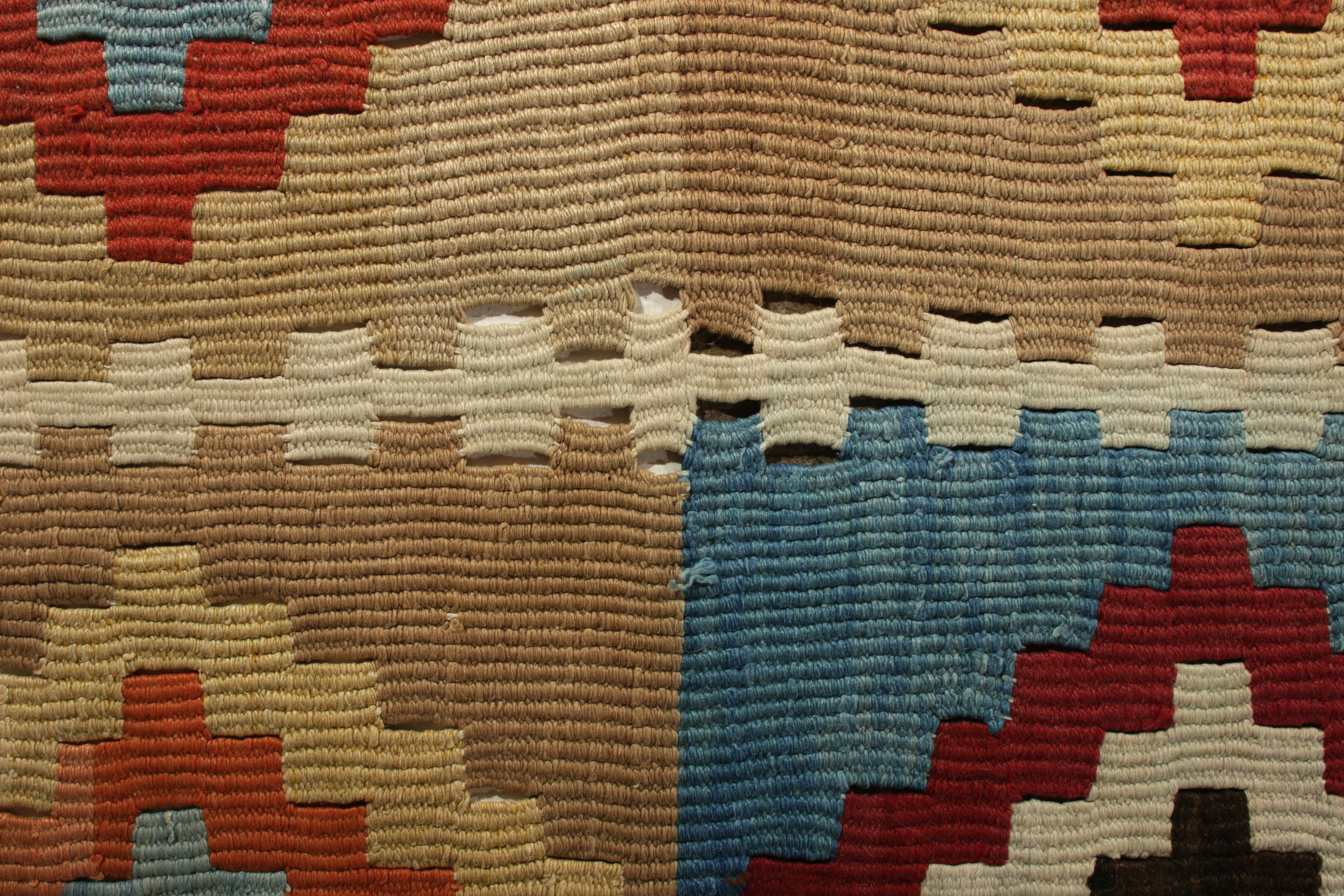 Midcentury Vintage Kilim Rug Beige Brown and Blue All-Over Diamond Pattern In Good Condition In Long Island City, NY